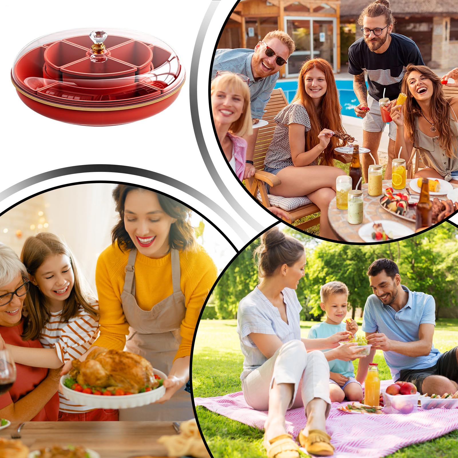 Snacktablett, tragbare Box mit zwei Fächern | mit abnehmbaren Fächern und luftdichtem Deckel, Tablett für Party – für Nüsse, Süßigkeiten, Küche, Reisen, Picknick und