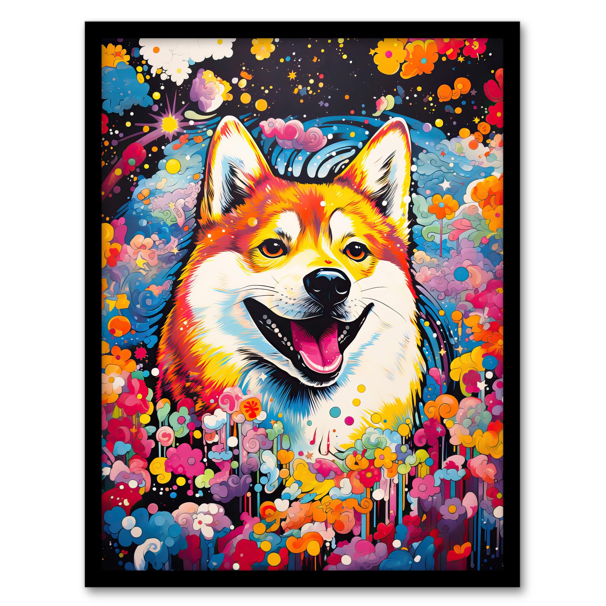 Artery8 Shiba Inu Dog Lover Gift Pet Portrait Colourful Artwork Painting Artwork Framed Wall Art Print A4