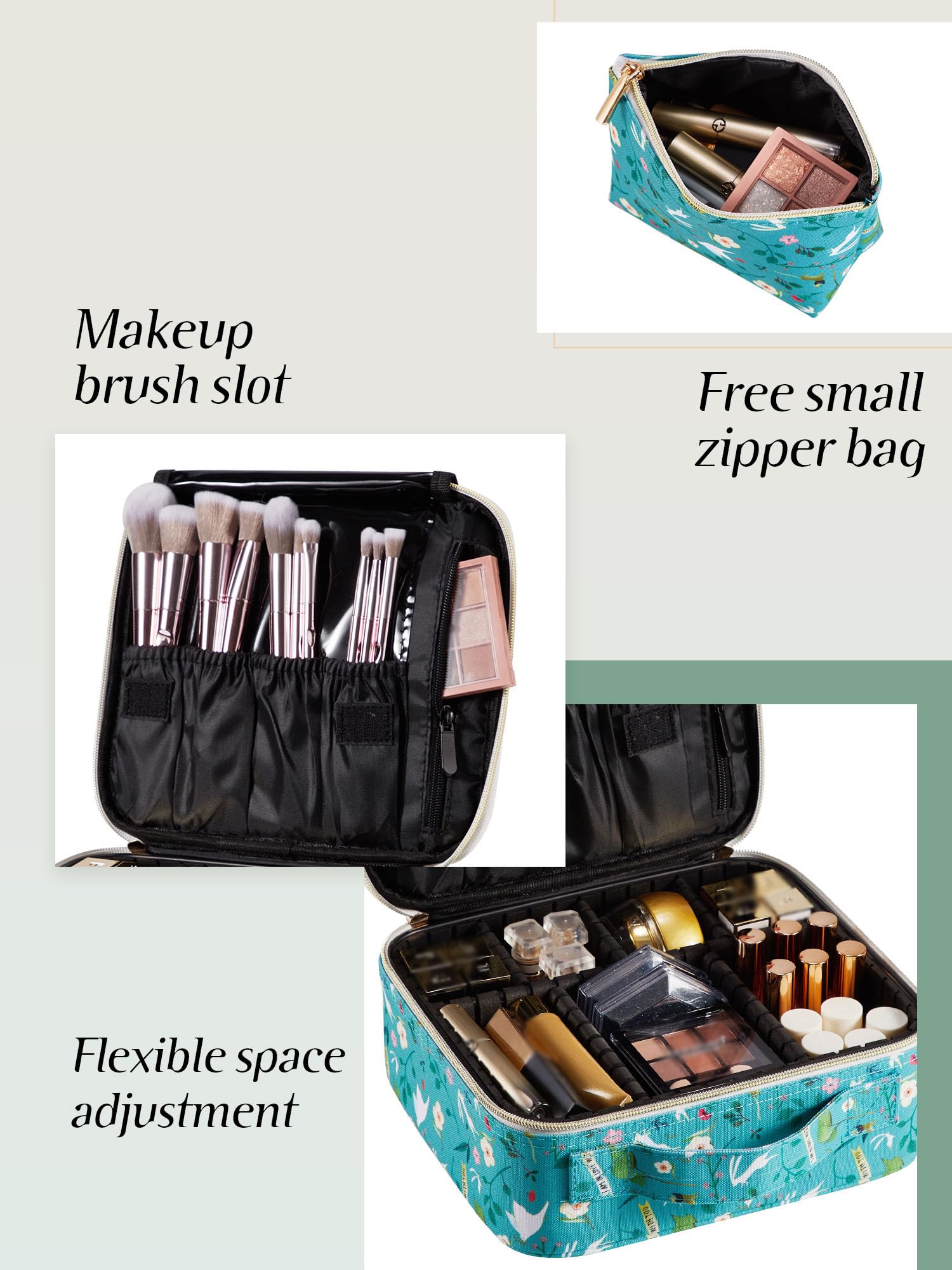 Schminktasche Schminkkoffer Make up Organizer Tasche Make up Bag mit Verstellbaren Teiler,Blauem Rosen
