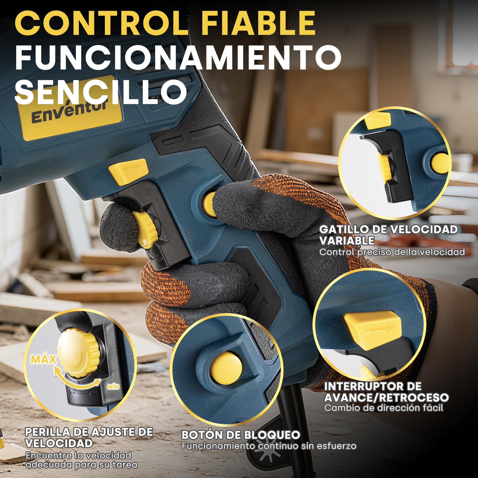 Enventor Taladro Percutor con Cable 750W, Mango Auxiliar de 360° | Función 2 en 1, Velocidad Variable 0-3100RPM, , Portabrocas de 13MM, para Concreto, Metal y Madera