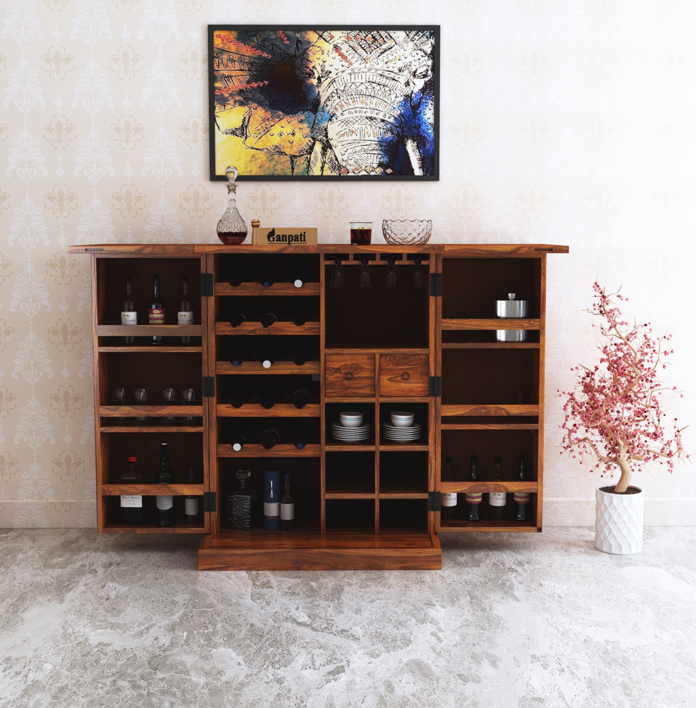 Ganpati Arts Sheesham Wood Bar Cabinet for Home Mini Bar Cabinet Solid Wooden Wine Storage Shelf Rack with Drawer & Glass Holder - (Honey Oak Finish) 1 Year Warranty