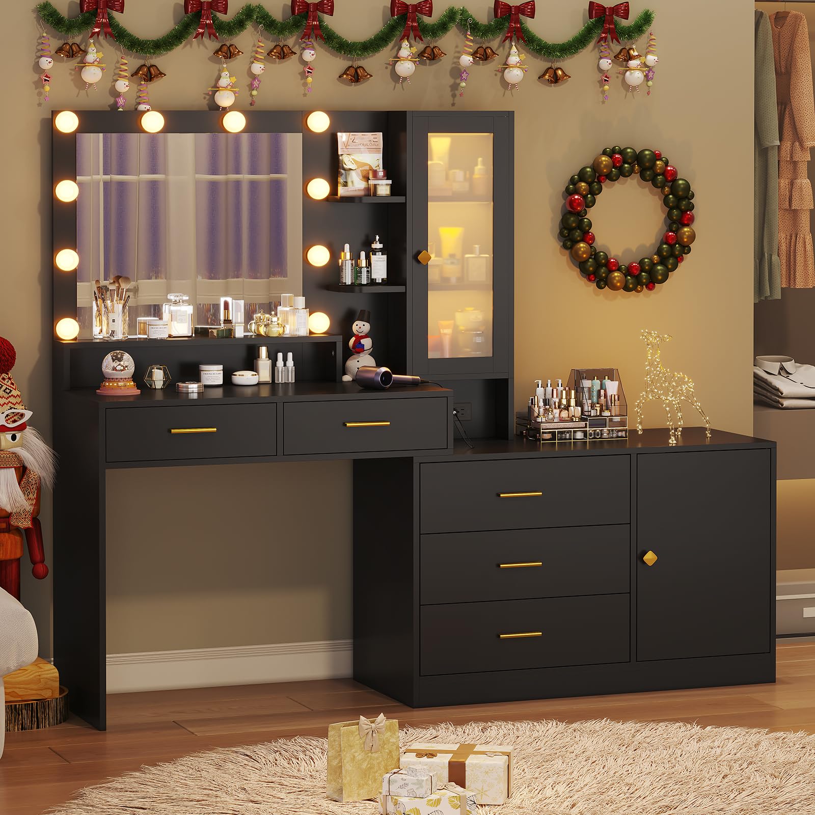 HAUOMS Large Makeup Vanity with Lights Vanity Desk with Mirror, Modern Vanity Table Set with Drawer Dresser, Charging Station & RGB Cabinets, Makeup Desk with 5 Drawers and Storage Shelves, Black