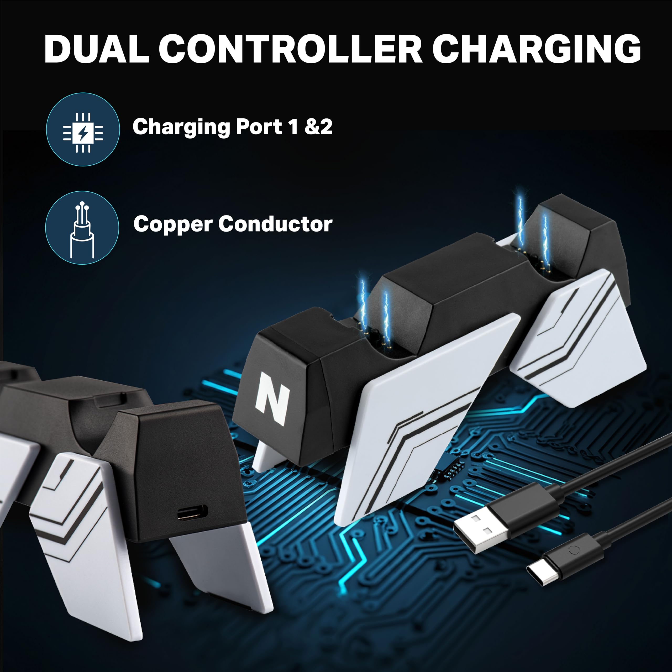 NiTHO Estación de Carga Compatible con Mandos PS5/ Edge, Estación de Recarga Doble USB con Diseño de Carga Vertical Click-In y Protección contra Sobrecargas, Blanco