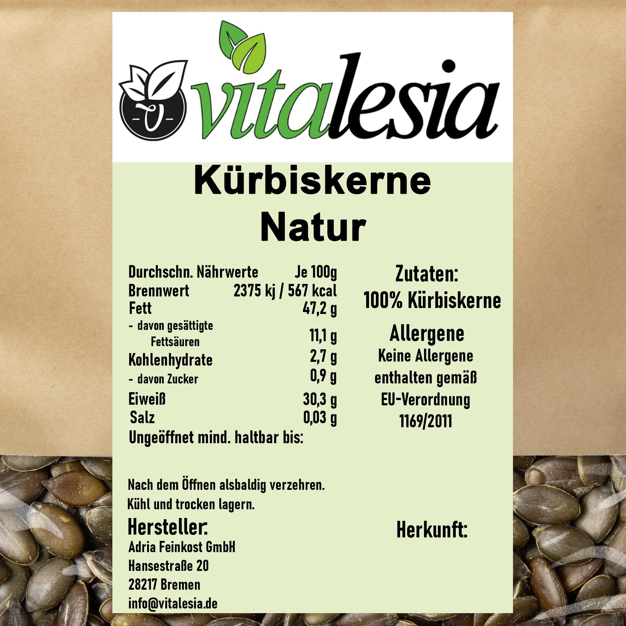 Vitalesia Kürbiskerne 5kg | naturbelassen & ohne Schale | ganze Kürbis Kerne ungeröstet & ungesalzen | Premium-Kerne der Qualitätsstufe AA | mit natürlichem Arginin | ohne Zusätze | vegan