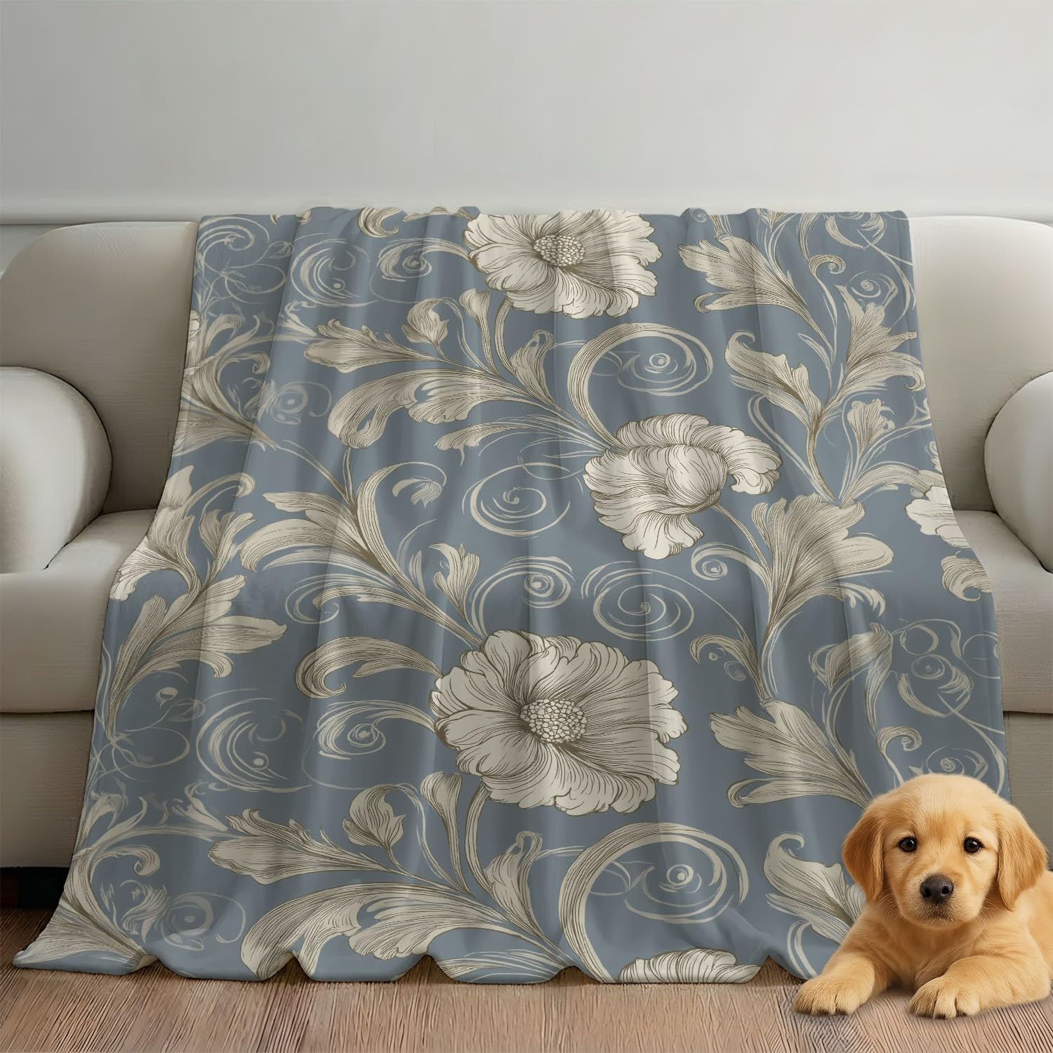 Générique Beżowy niebieski koc flanelowy z motywem vintage, eleganckie kwiaty, narzuta na łóżko, sofę, wystrój pokoju dziecięcego 180 cm x 200 cm