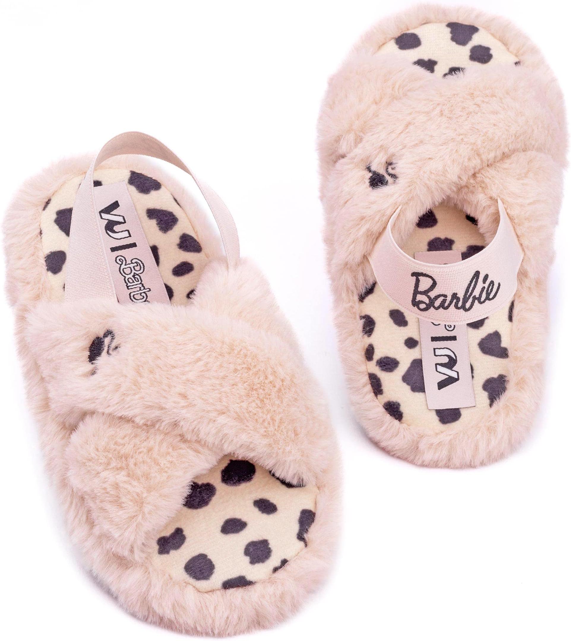 Barbie Girls Slippers | Kids Doll Logo Slip On Fluffy Pink House Sliders | Children Teens Leopard Animal Insoles Cross Strap Shoes With Supportive Strap