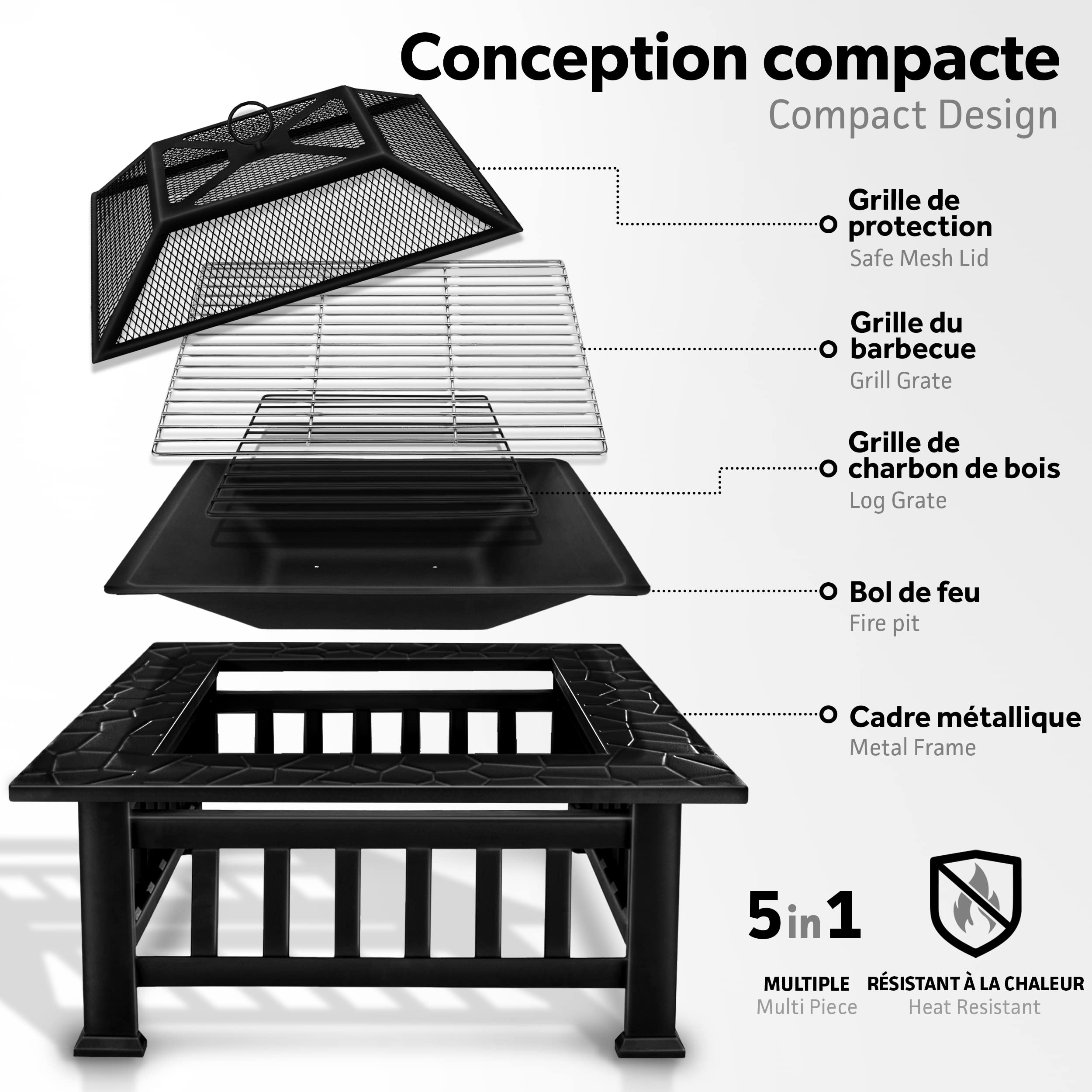 Tillvex Brasero Extérieur BBQ Jardin Terrasse Chauffage Gril Charbon Couvercle Feu Barbecue Tisonnier