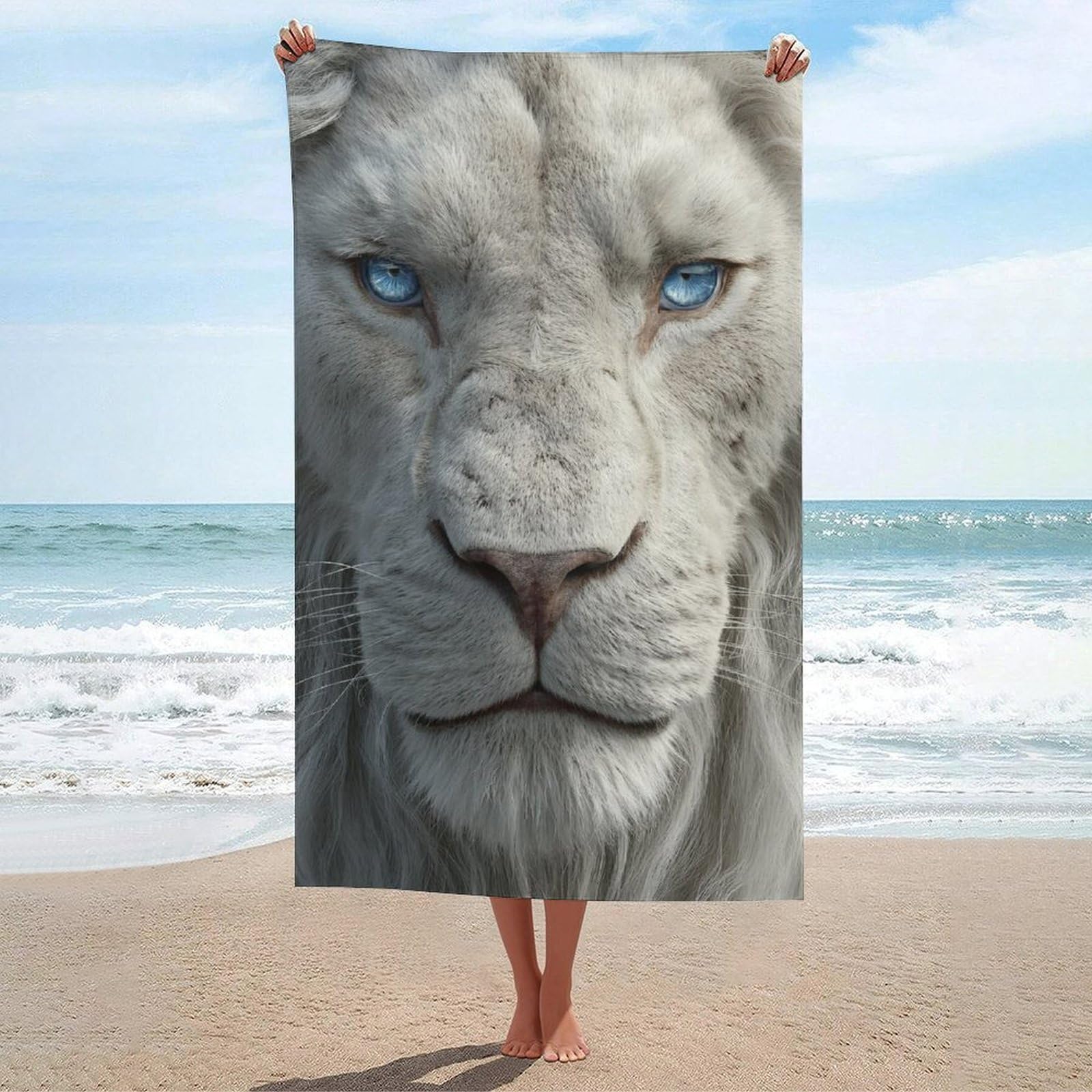 asbwuo White Lion with Blue Eyes Beach Towel