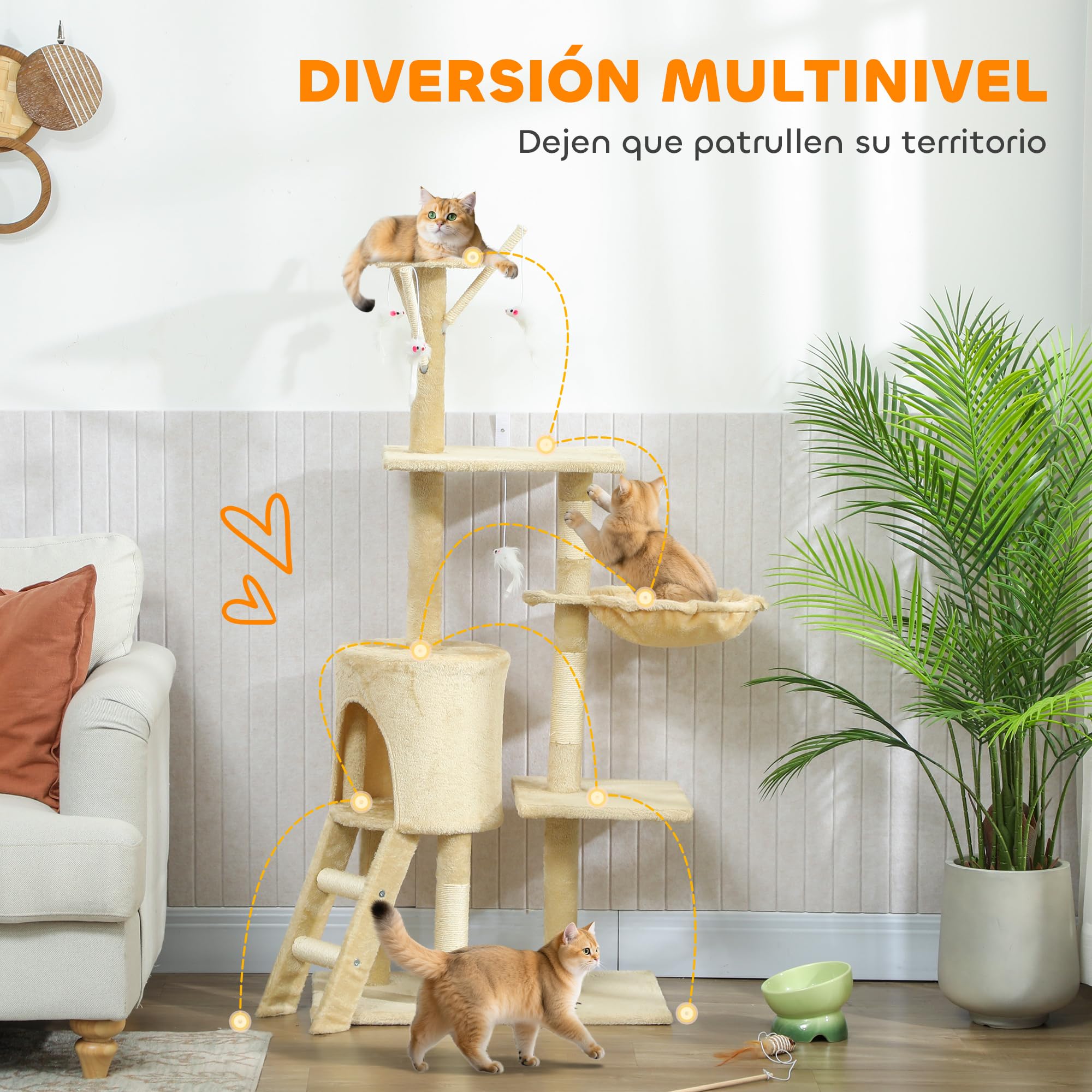 PawHut Árbol Rascador para Gatos Grande, Torre de Escalada, 134 cm, Beige | Árbol para Gatos, 6 Postes de Sisal, 3 Plataformas, 1 Cueva, 1 Hamaca, 1 Escalera, 4 Juguetes Colgantes