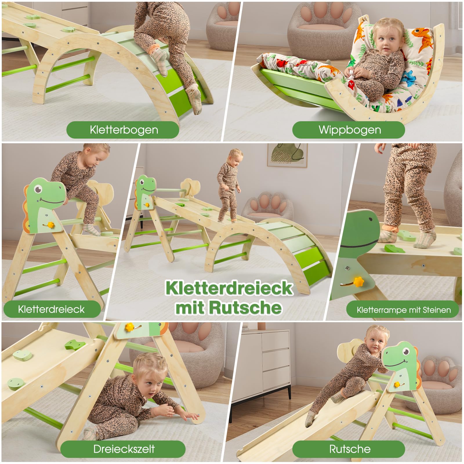 7-in-1 Montessori Kletterdreieck Set mit Rutsche, Kletterbogen & weichem Kissen – Holz Klettergerüst für Babys & Kleinkinder, Indoor Spielgerät, faltbar & sicher (Dinosaur)