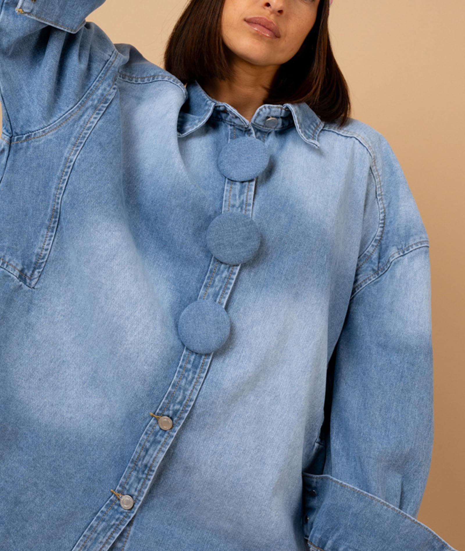 cffdviz Camicia di Jeans da Donna con Maniche Lunghe E Bottoni Giacca-Giubbotto Casual