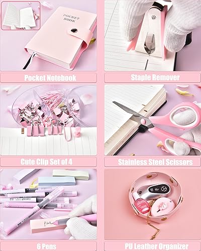 Miniatura 4 de Accesorios de escritorio rosa, 20 piezas de suministros de oficina y soporte para bolígrafos de 360, con dispensador de cinta, grapadora, removedor