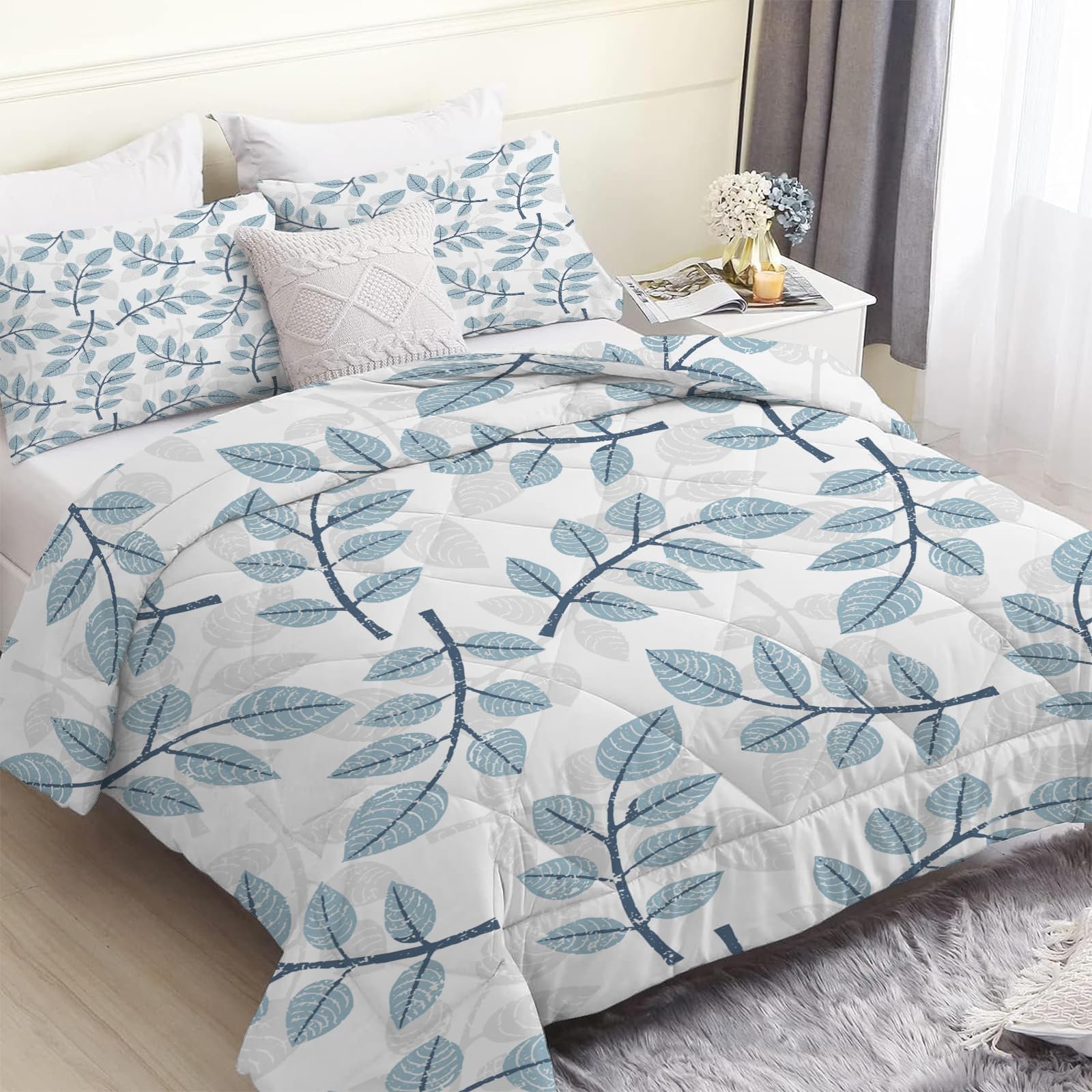 Linfye Gray Blue Leaf Single Duvet, Reversible Coverless Branch Botanical Duvet Single, Anti Allergy Bed Quilt 7.5 Tog for All Seasons - 1 Soft Washable Comforter Bedding with 2 Pillowcases