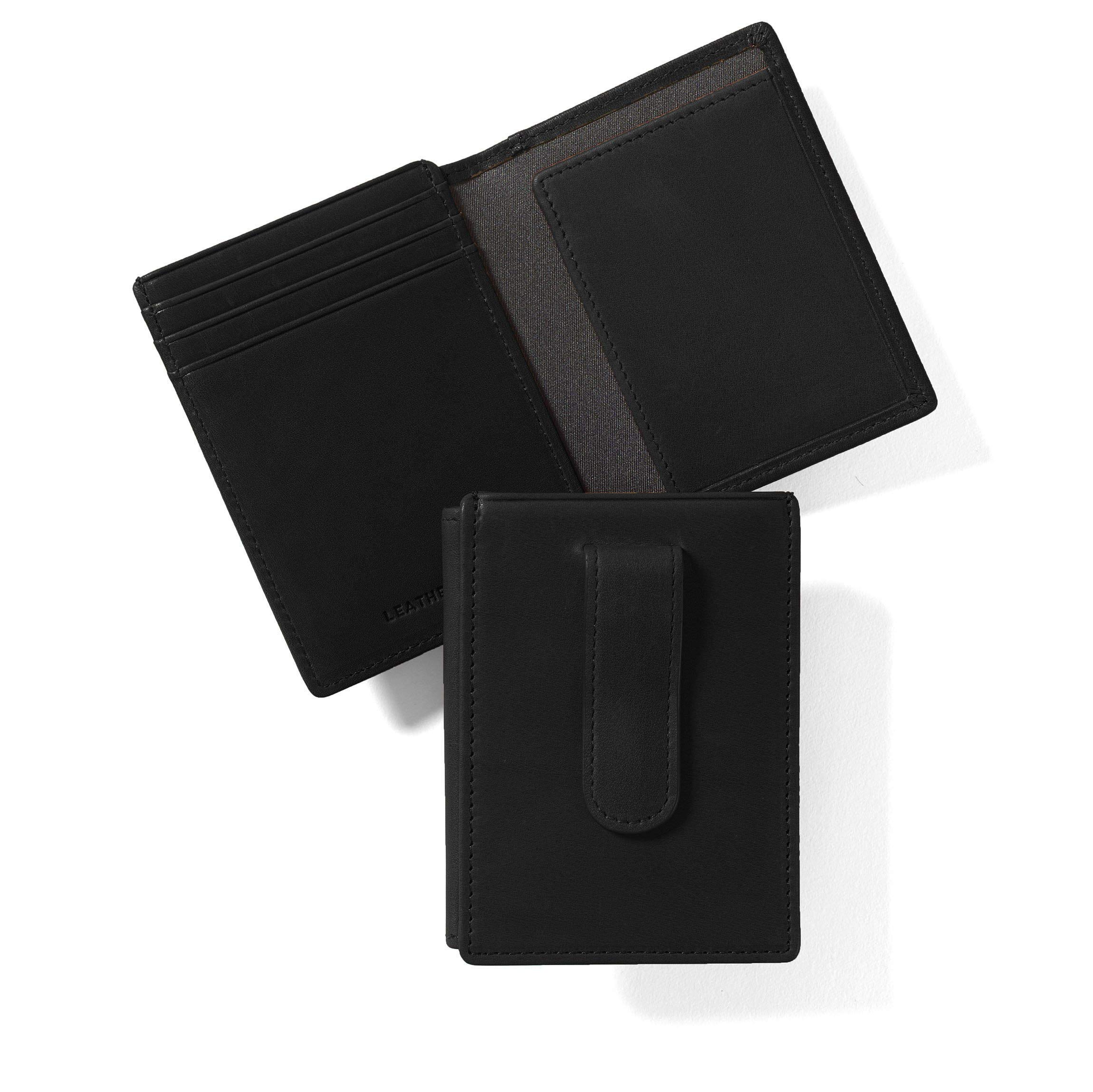 Leatherology Black Oil Men's Money Clip Card Holder Wallet with ID Window