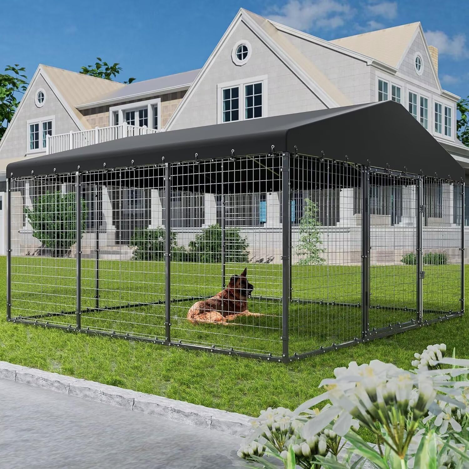 ASJMR Large Outdoor Dog Kennel,W 118" x D 118" x H 70" Heavy Duty Dog Cage with Roof,Dog Playpen Galvanized Steel Dog Fence with Double Safety Locks,