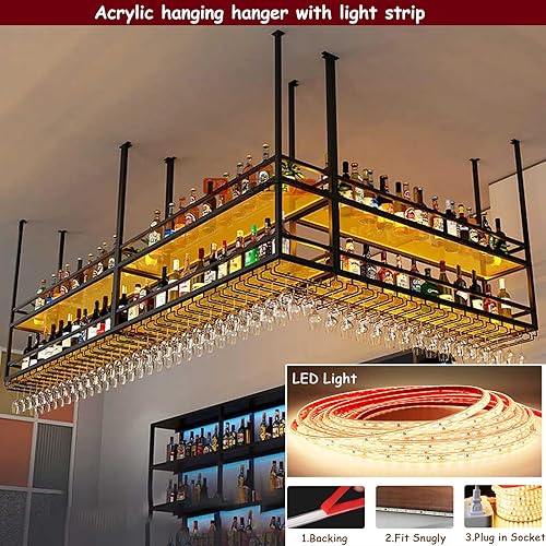 Miniatura 3 de Estante de techo para copas de vino con estante colgante de acrílico ligero con soporte para vidrio y estantes transparentes, soporte para botella