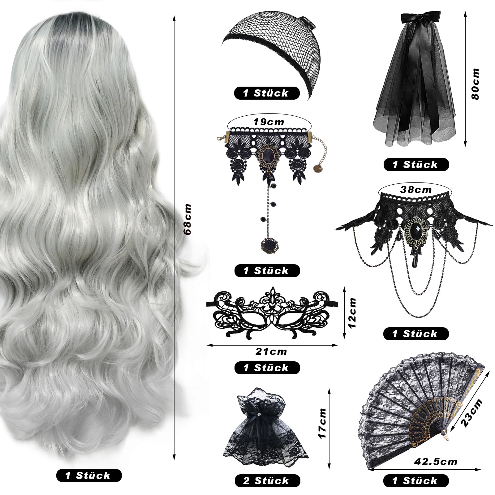 Halloween Perücke Damen Grau Lang - Gothic Set Mit Schmuck Und Accessoires