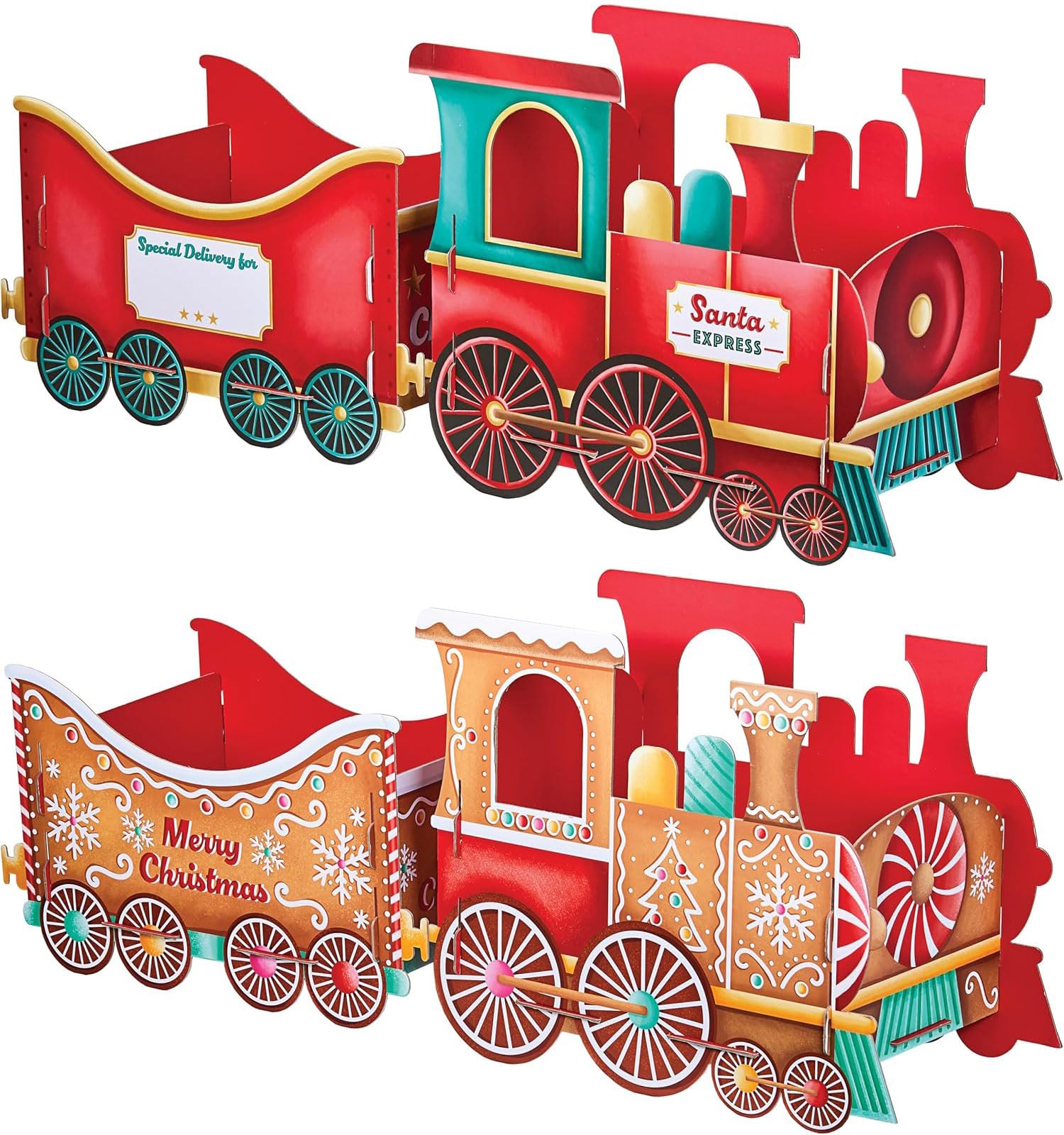 Design By Violet Christmas Train Gift Holder Set – Santa Express & Gingerbread Festive Cardboard Trains for Presents & Treats – Strong 1200GSM Build with 83 Alphabet Stickers for Personalised Displays