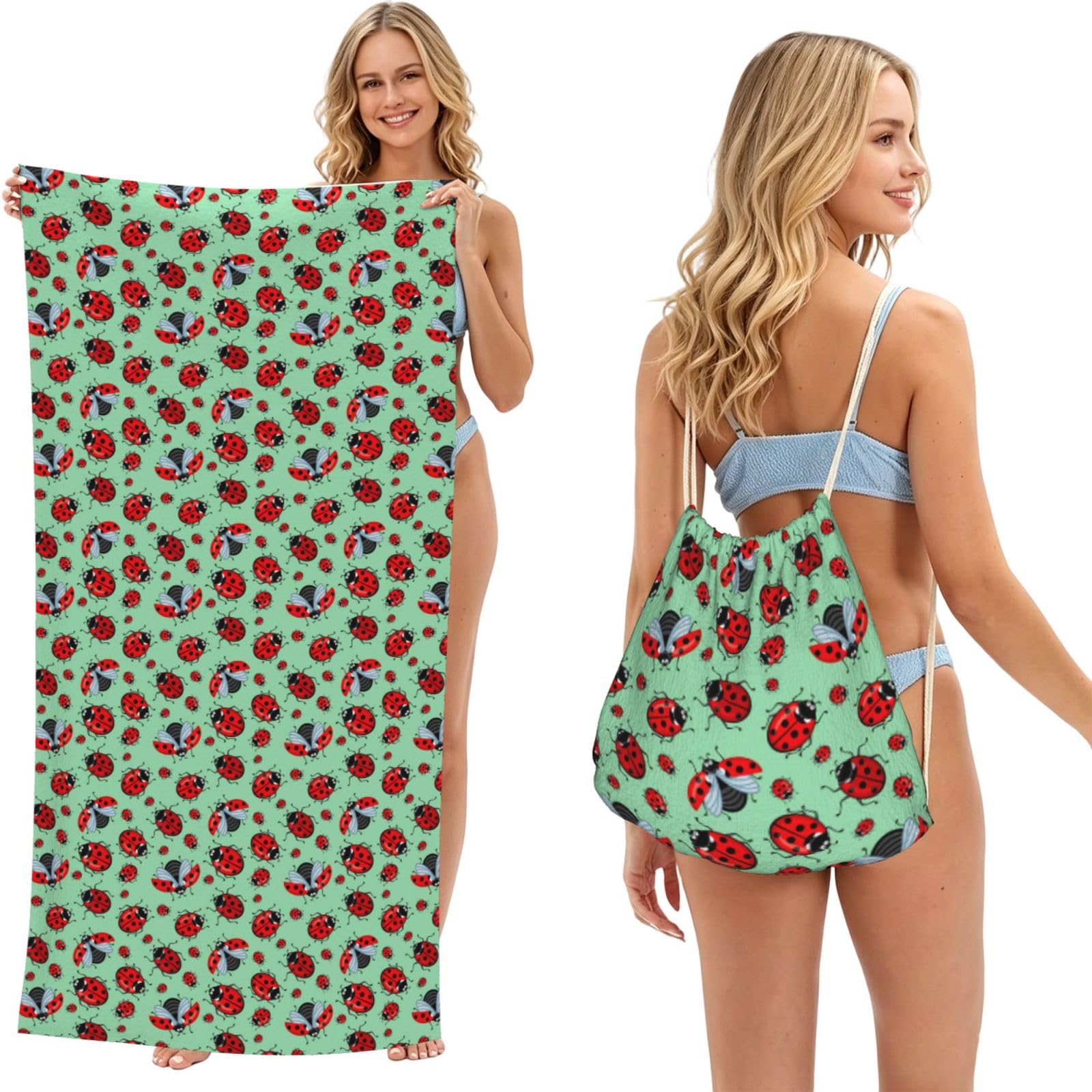 WSHFFILO Red Ladybugs On A Blue Background printed 2 in 1 Packable Towel Bag Bath Towel Beach Towel