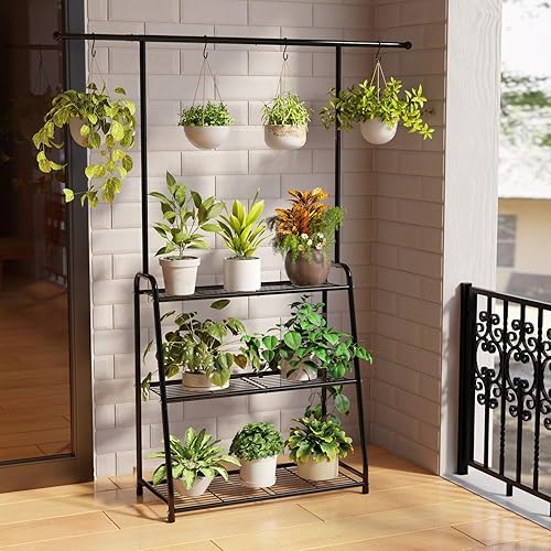 Miniatura 3 de Soporte de metal de 3 niveles para uso en interiores y exteriores, estante colgante para múltiples macetas de flores, estante alto grande ideal para