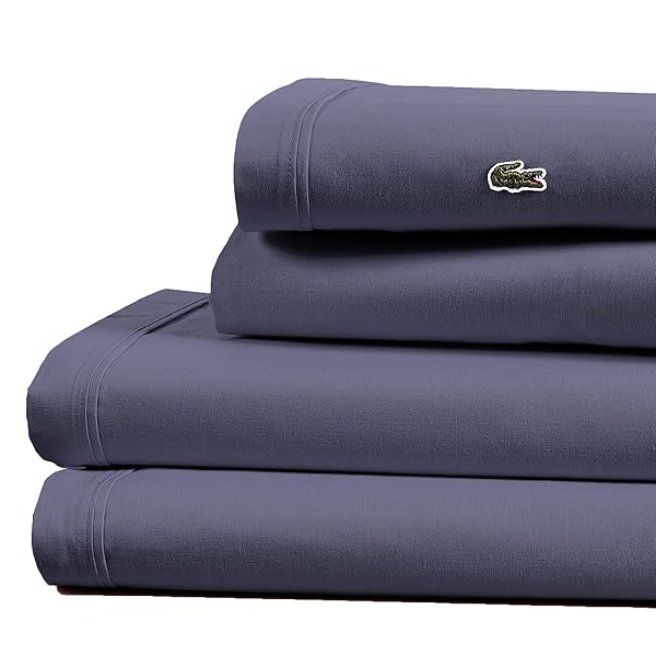 Lacoste 100% Cotton Percale 4-Piece Sheet Set Cool, Crisp, Matte, and Durable, Oeko-Tex Certified Solid, Vintage Indigo, Queen