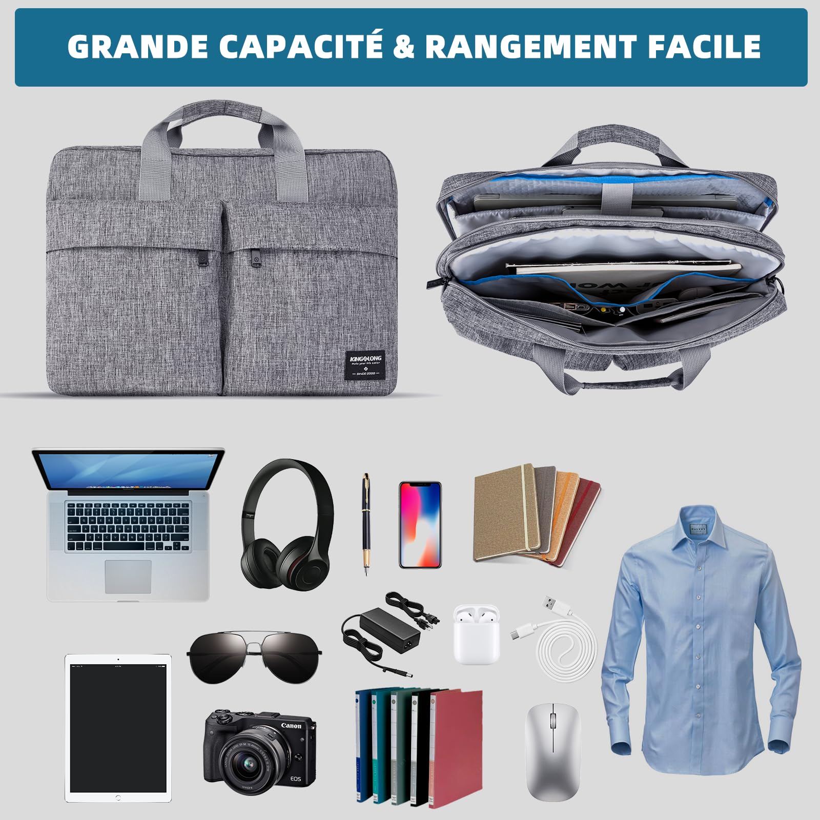KINGSLONG Sacoche Ordinateur Portable: 17-17,3 Pouces Imperméable Sac Laptop Homme Femme Double Compartiment, Bandoulière Amovible, 2 Grandes Poches Avant – Mallette Business Travail Voyage