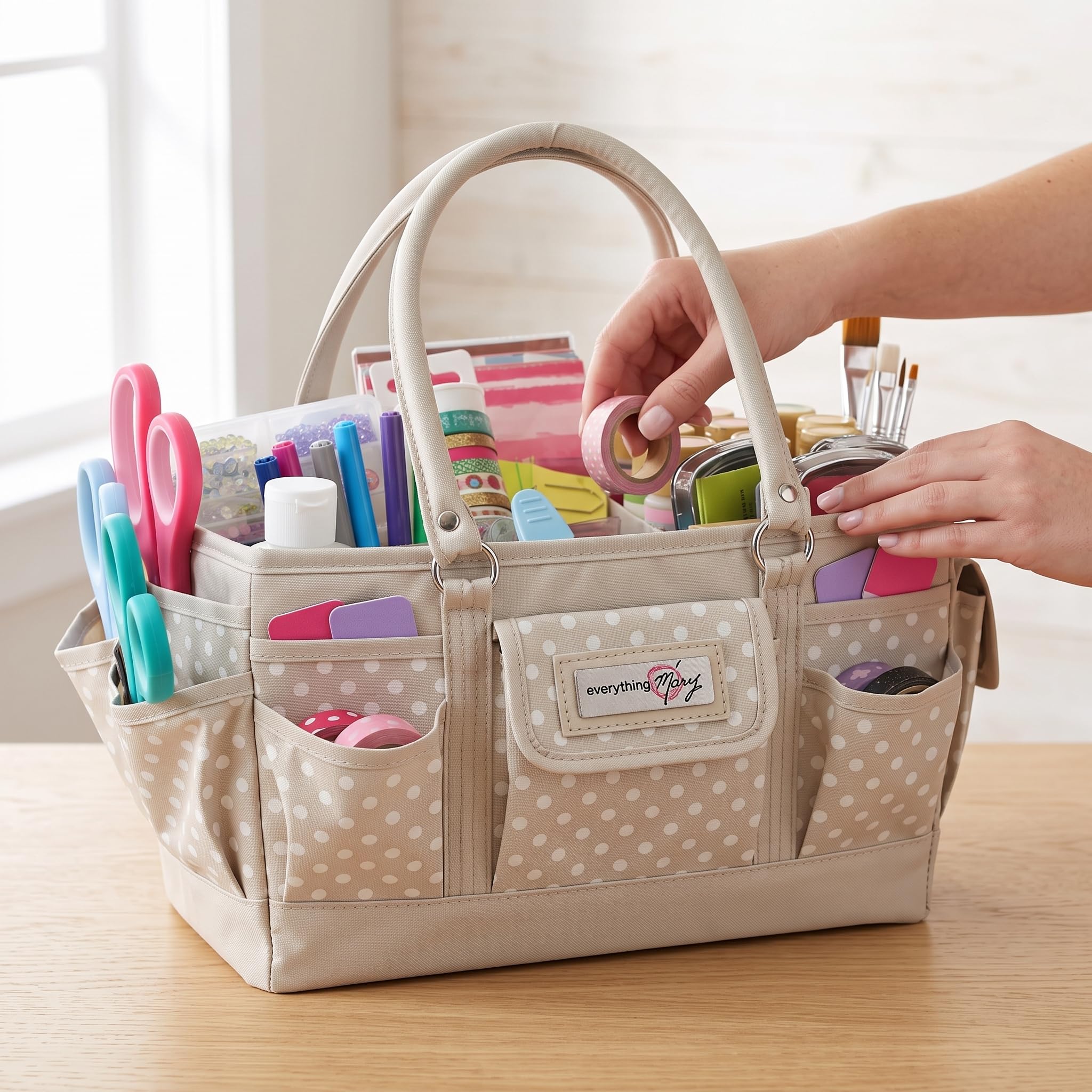 Everything Mary EVM12776-1 Basteltasche, Organizer, Tragetasche, Aufbewahrungskorb für Näh-und Scrapbooking, Bastelbedarf, mit Griff für Zubehör und Werkzeuge, Polyester, Hellbraun gepunktet