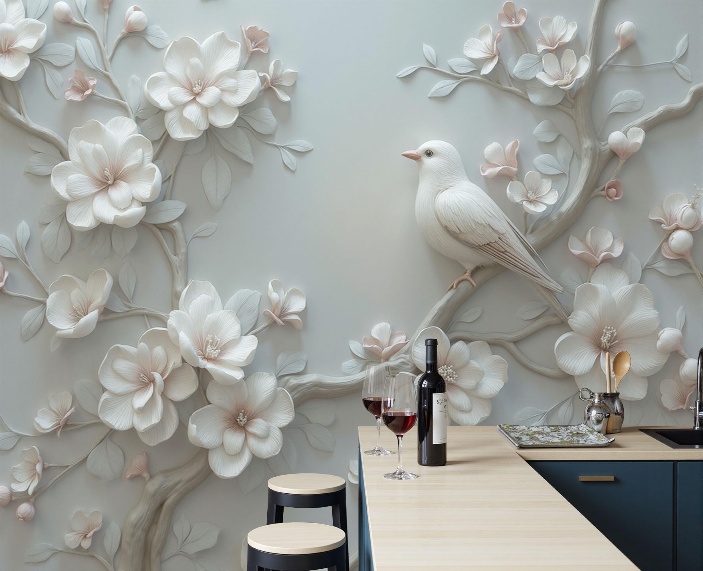 Papier peint panoramique oiseaux fleurs reliefs gris poster photo salon 200x140