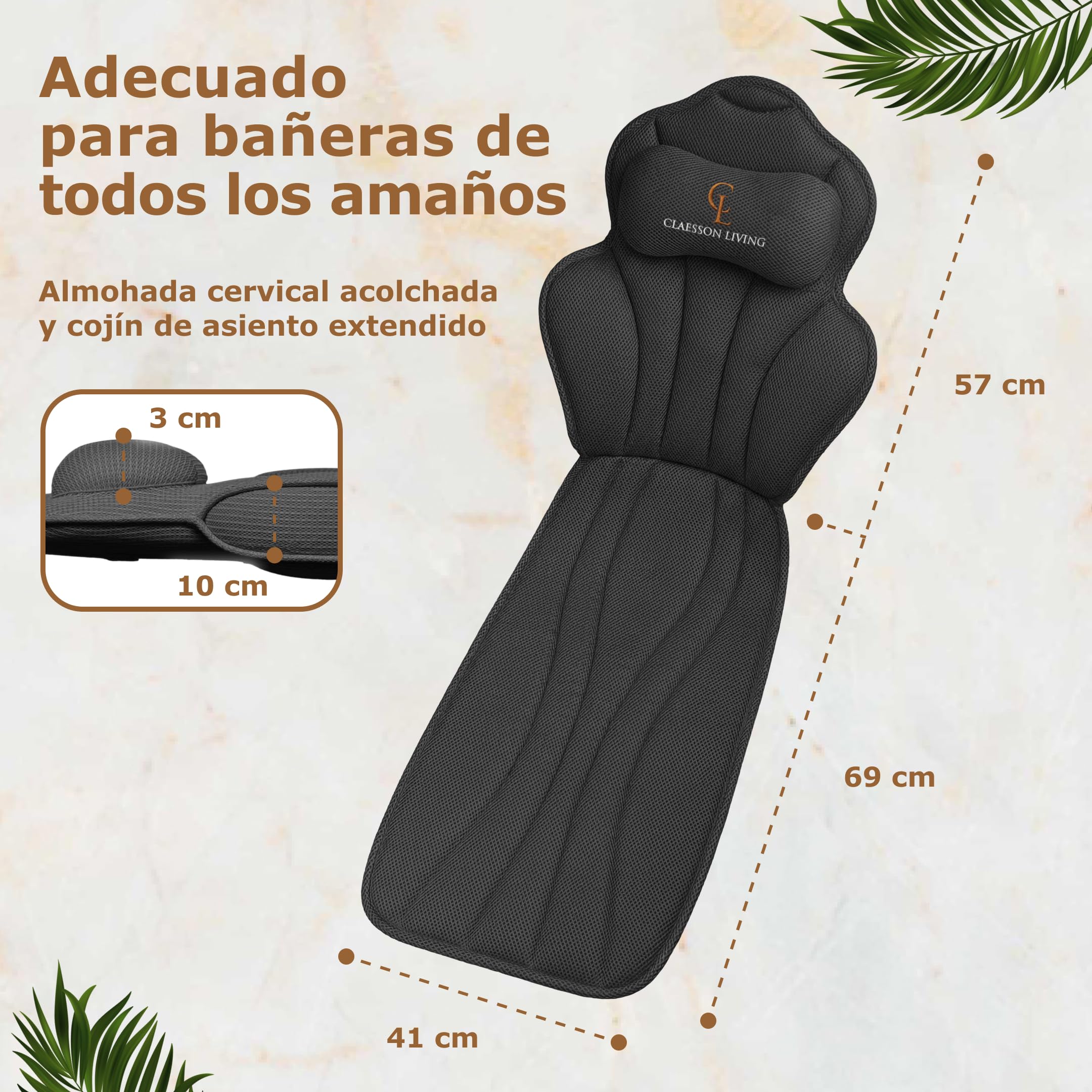 Cojin bañera (152x56cm) - Almohada bañera con apoyacabezas (11cm) y Soportes para el Cuello, Espalda y piernas – Incluye: Bath Pillow, Bolsas de Lavado y de Viaje, Gancho para Secado rápido Negro