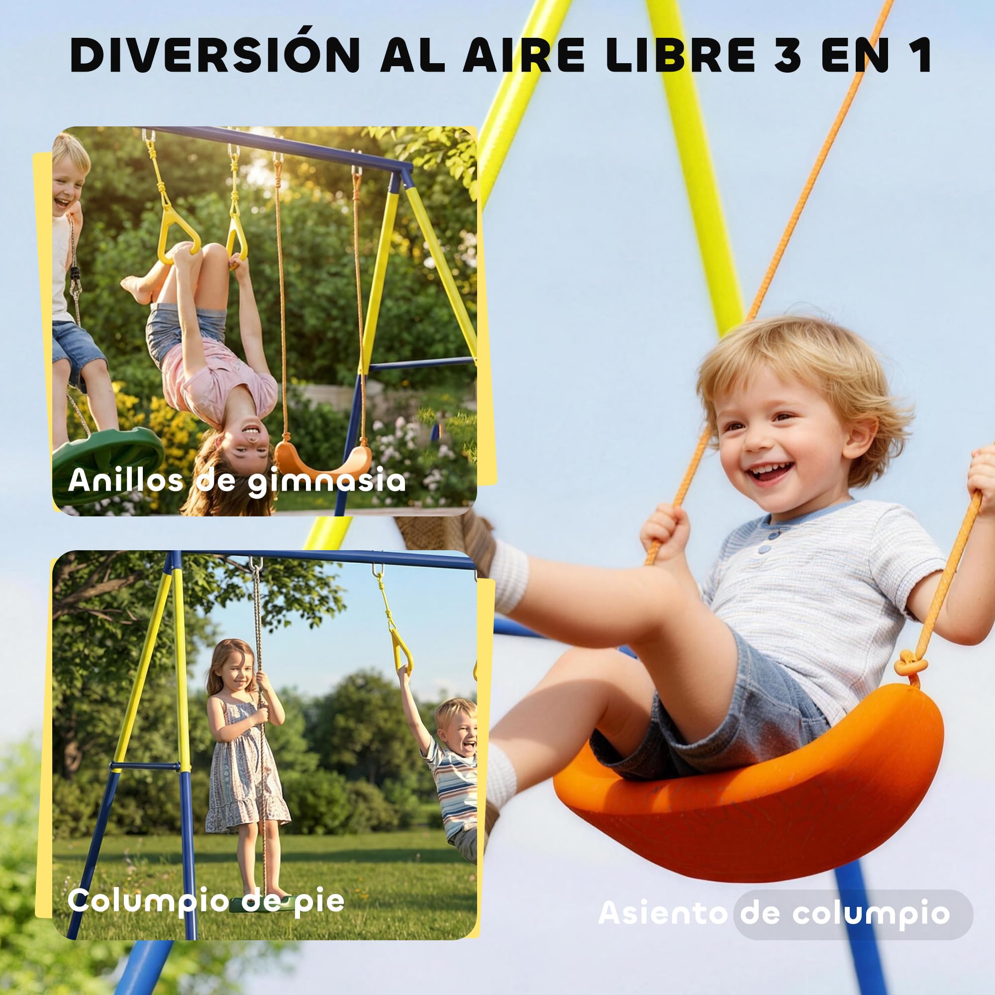 AIYAPLAY Columpio Infantil 3 en 1 de Pie para Niños 3-8 Años Multicolor | Columpio para Niños Clásico, Aros de Gimnasia, Carga 150 kg, Interior, Exterior, Jardín