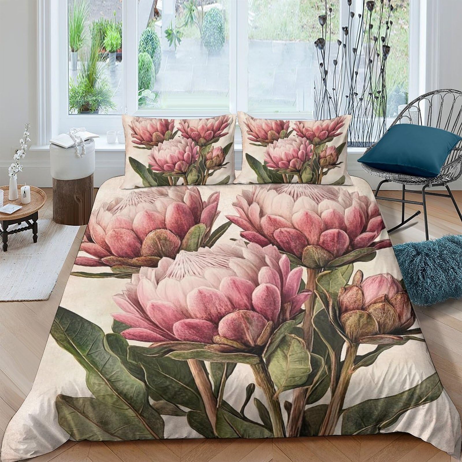 Ctjqhvkz Style-1 3D Printed Pink Protea Fitted Sheet Microfiber Floral Mattress Cover For Bedroom Guest Room Dustproof Washable Single（135X200cm）