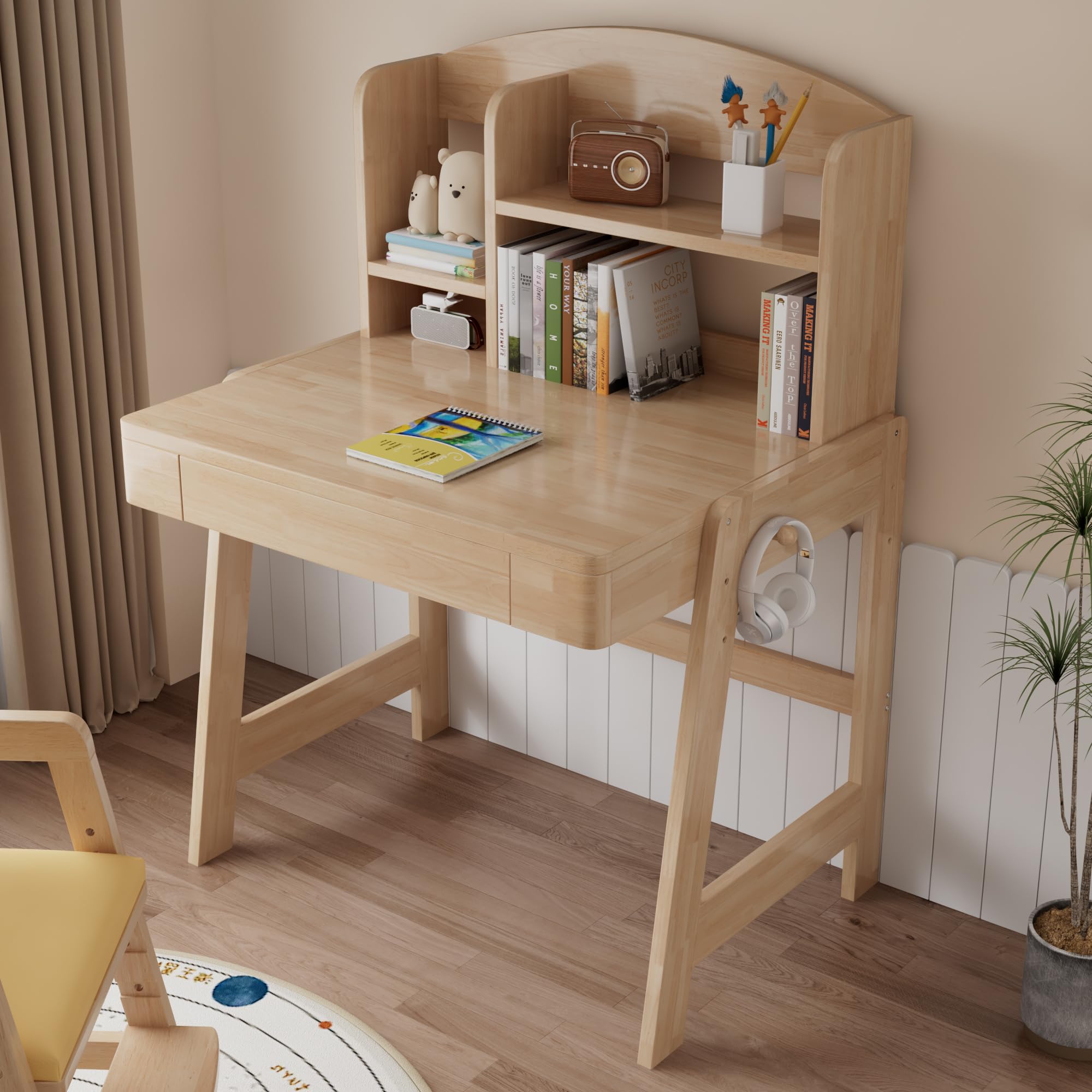 Mesa infantil de madera maciza con espacio de almacenamiento, a partir de 6 años