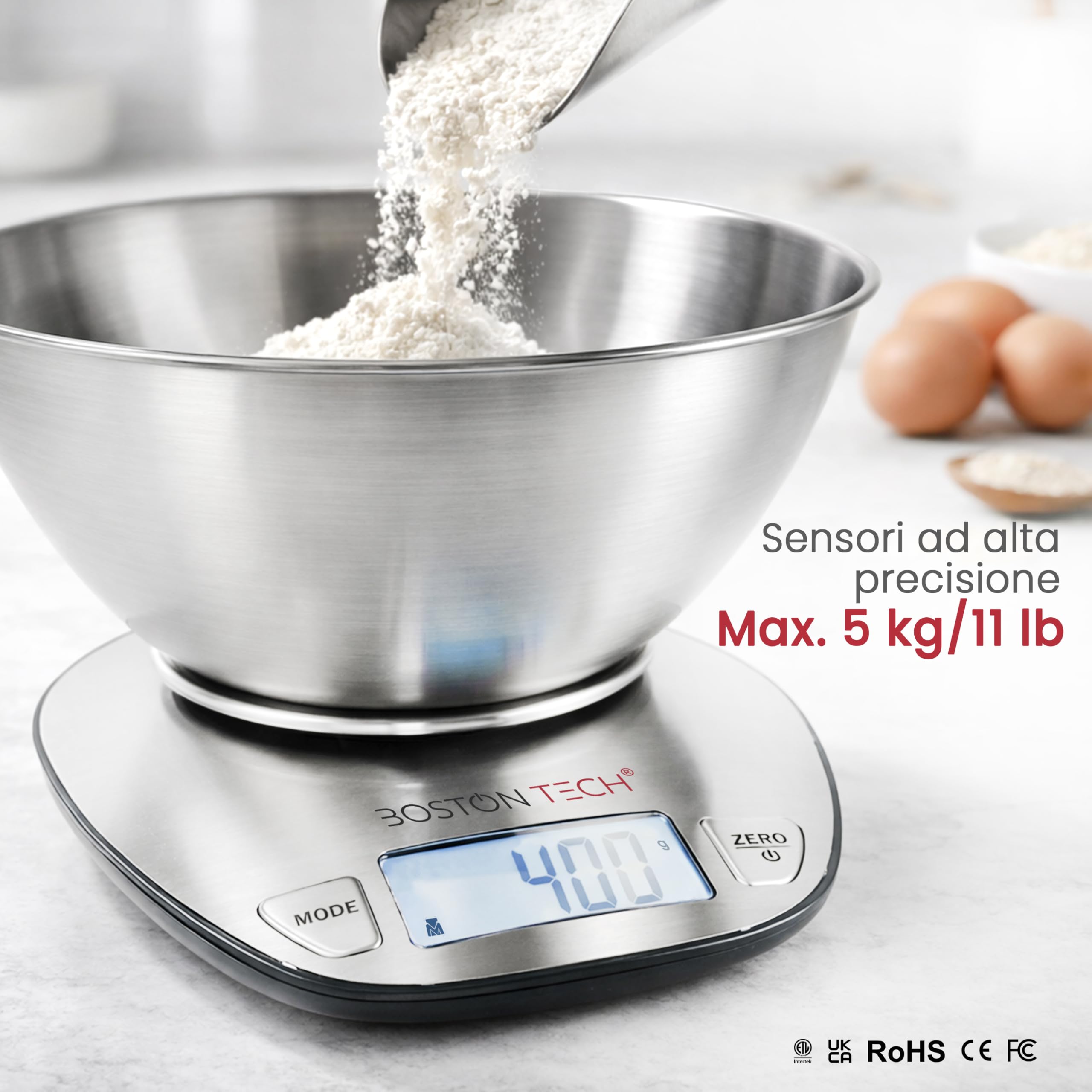 La bilancia da cucina Boston Tech offre precisione e praticità con la sua ciotola in acciaio inossidabile rimovibile.
