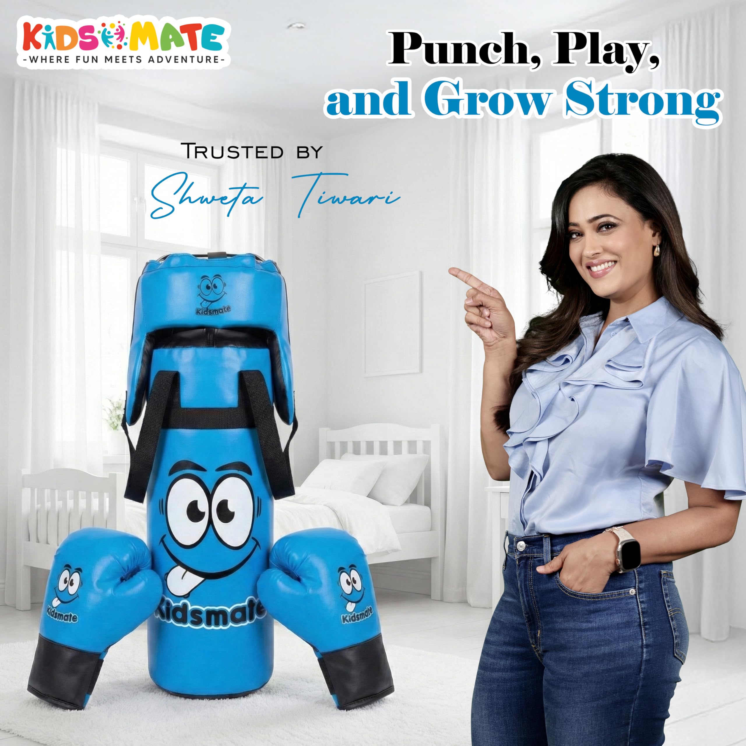 Kidsmate Boxing Kit for Kids of Age 3โ8 Yrs | Safe Synthetic Leather Punching Bag with Gloves Set | Boxing Set for Karate Training & Punch Practice | Playful Fitness Activity for Boys & Girls - Blue