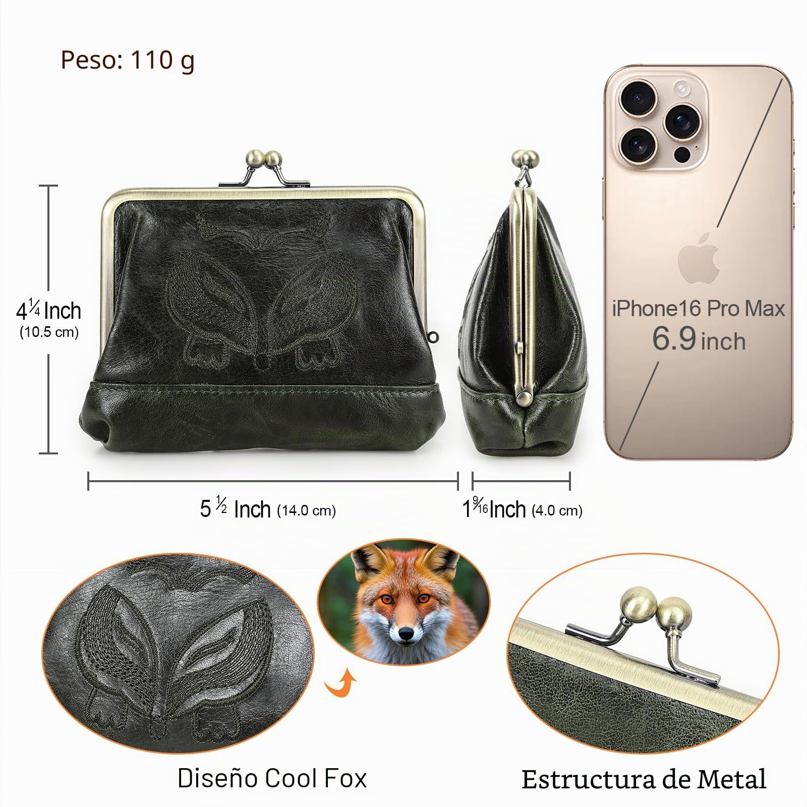 CONTACTS Cartera de beso con cierre de presión de cuero para mujeres Damas Vintage Porta tarjetas pequeño y lindo Monedero de cambio, verde oscuro, Estilo vintage