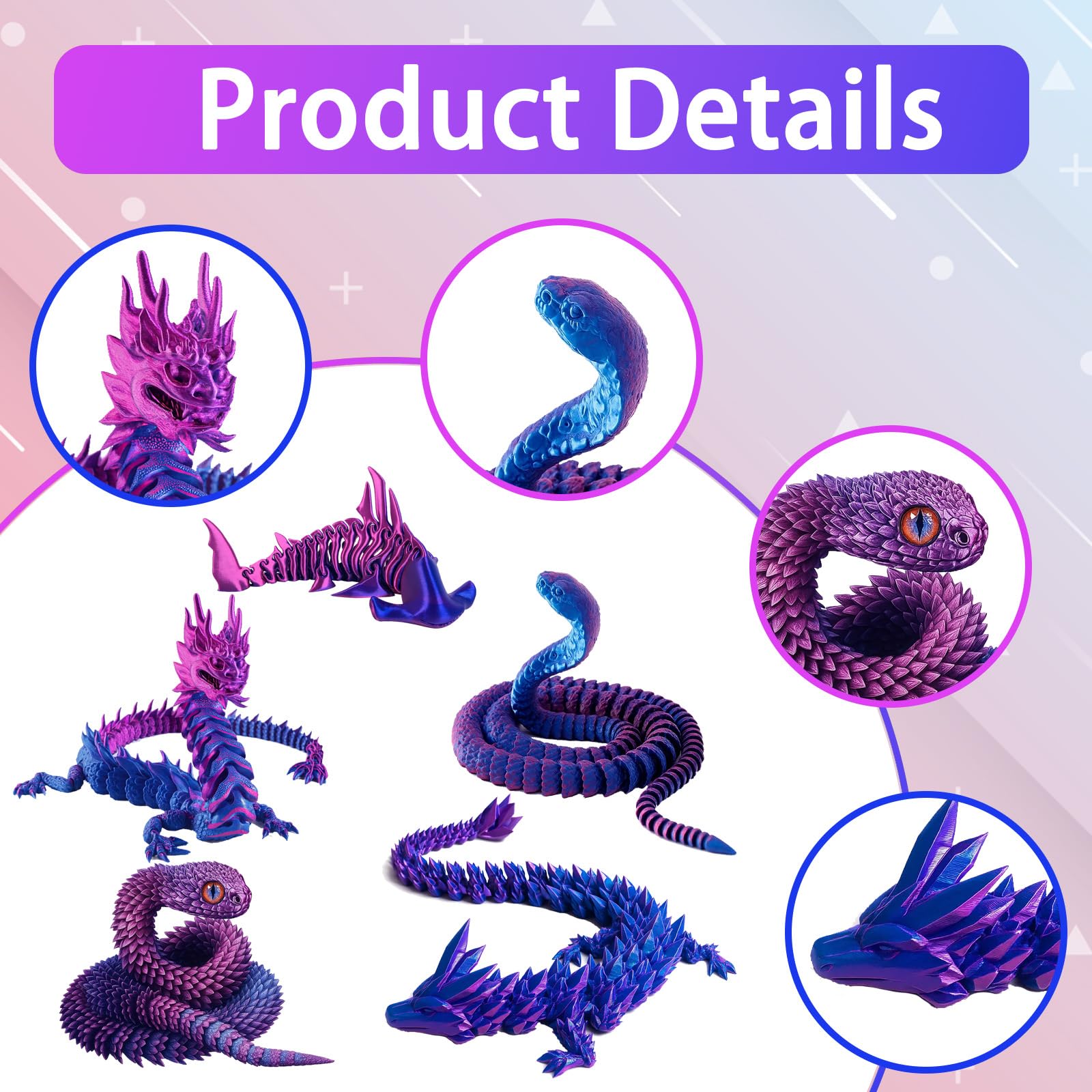 5PCS 3D Printed Animals, Shark Skeleton Viper Chinese Dragon Cobra Set - Image 3