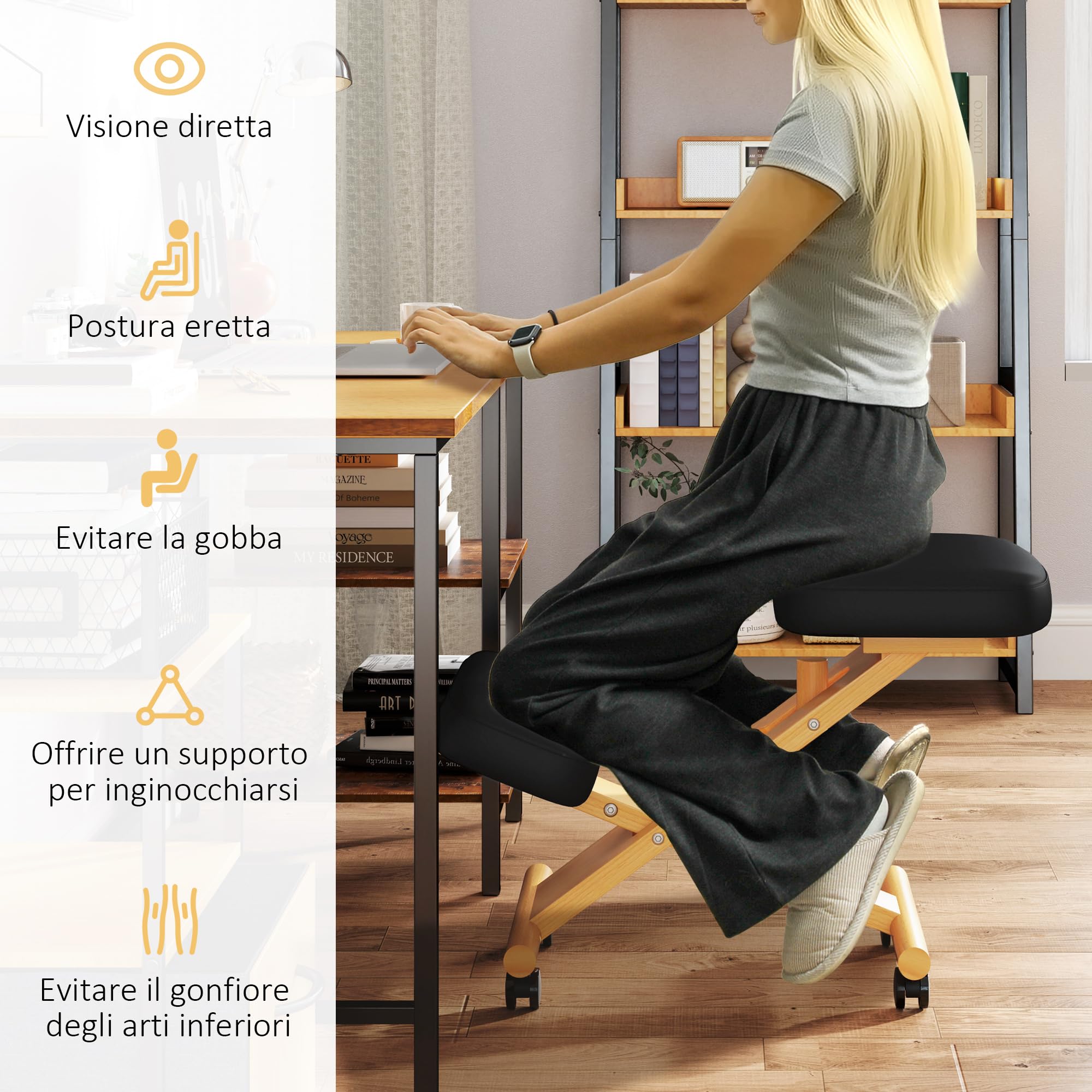 HOMCOM Sedia Ergonomica Inginocchiata con Rotelle in Legno di Caucciù Nero | Sedia Ergonomica Posturale da Ufficio e Casa, Sgabello Ergonomico Inginocchiatoio