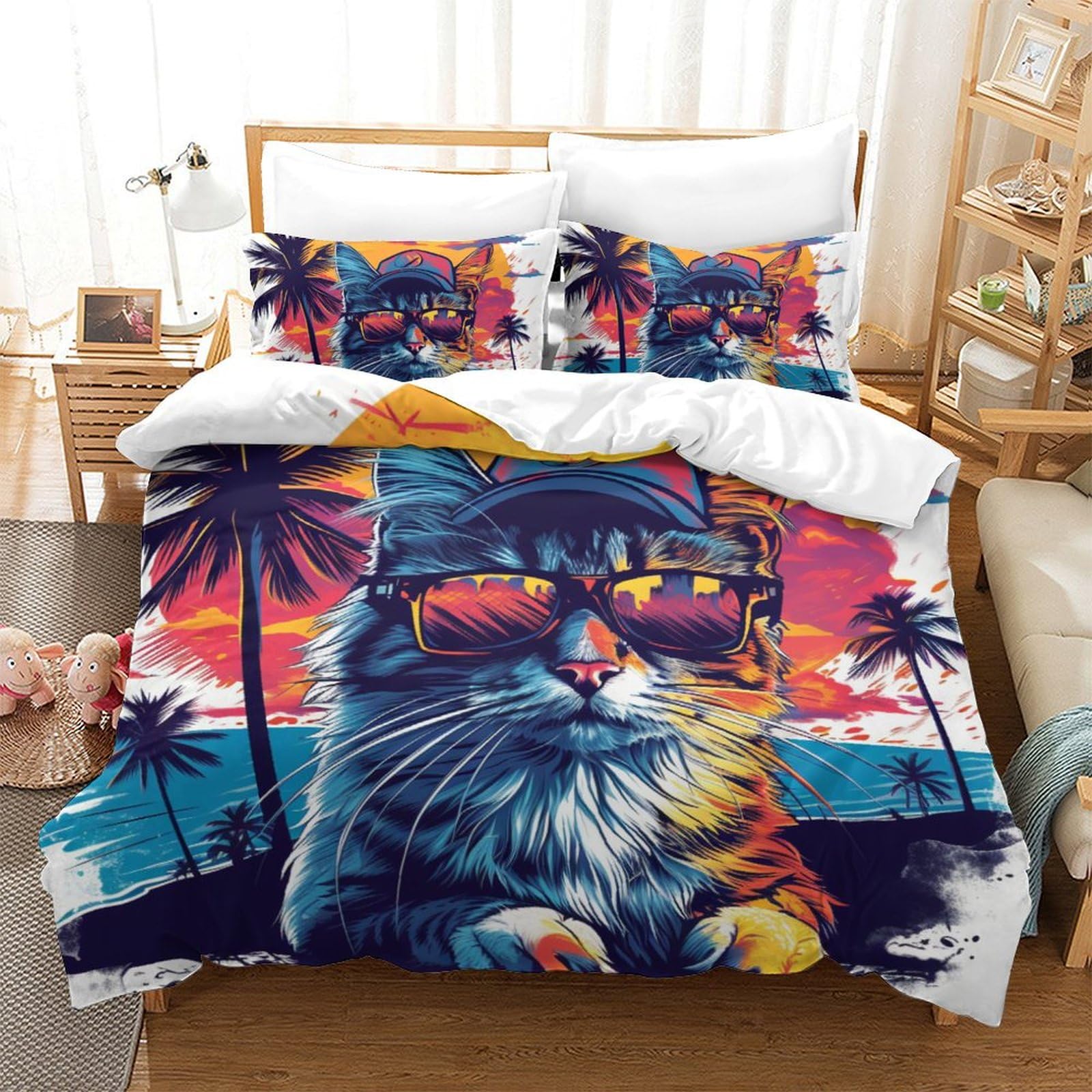 Parure de lit chat 3D 200x200 cm en microfibre avec 2 taies d'oreiller