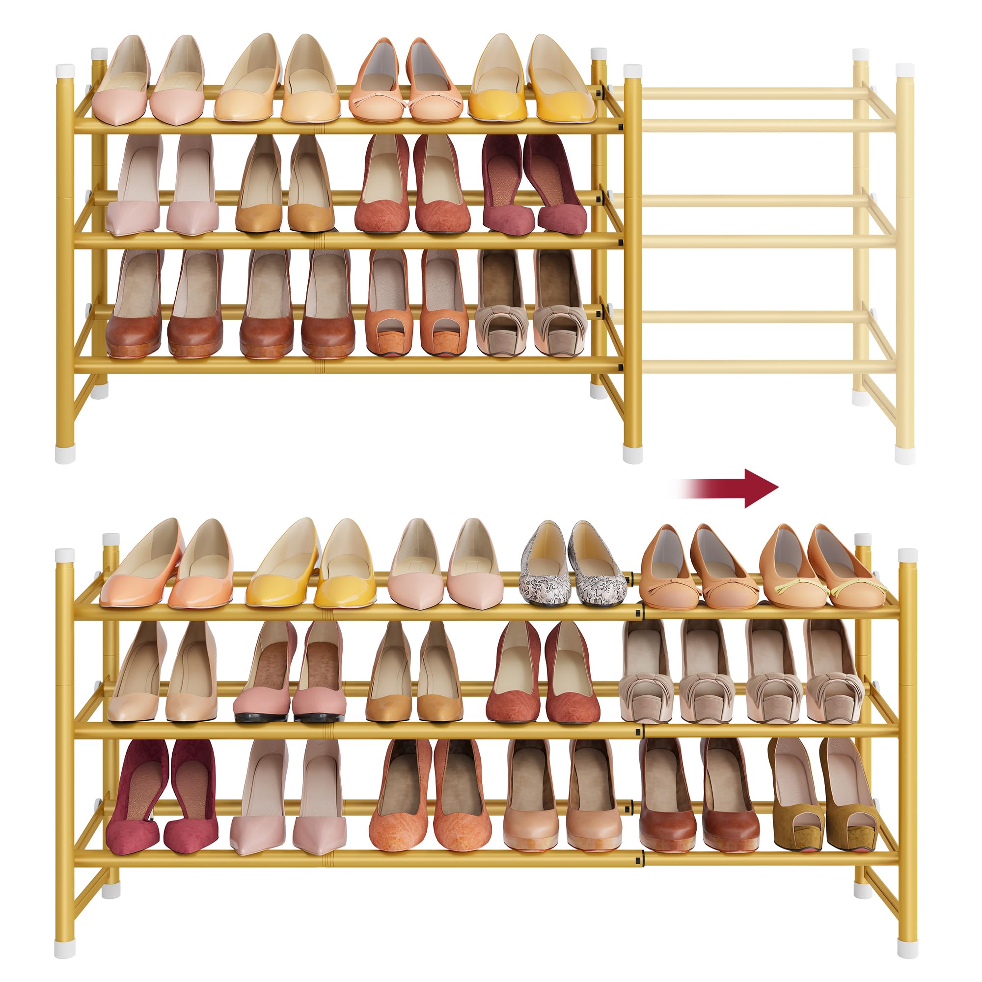 Tajsoon Expandable Shoe Rack for Closet 3 Tier, 28“-41“Stackable, Gold
