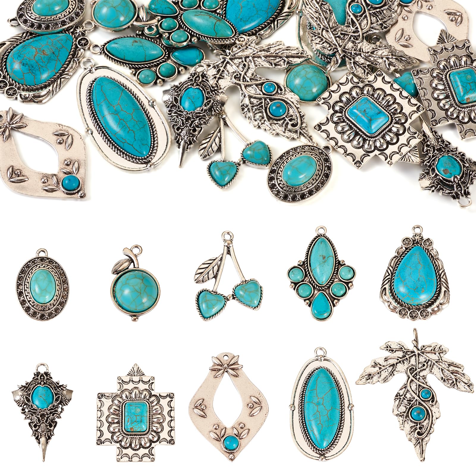 Spritewelry 20Pcs 10 Styles Turquoise Charms Western Charms Vintage Antique Silver Pendants Teardrop Cross Cherry Flower Dangle Charm for Bohemian Bracelet Necklace Earring Jewelry Making