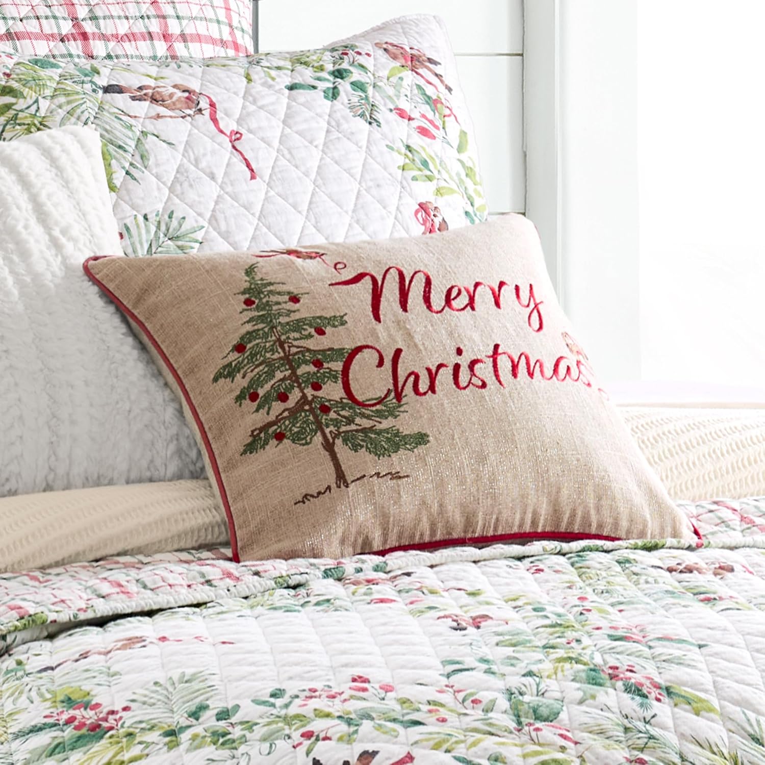 Levtex Home - Tinsel Tidings - Embroidered Birds - Decorative Pillow (14x18in.) - Cream Red Green