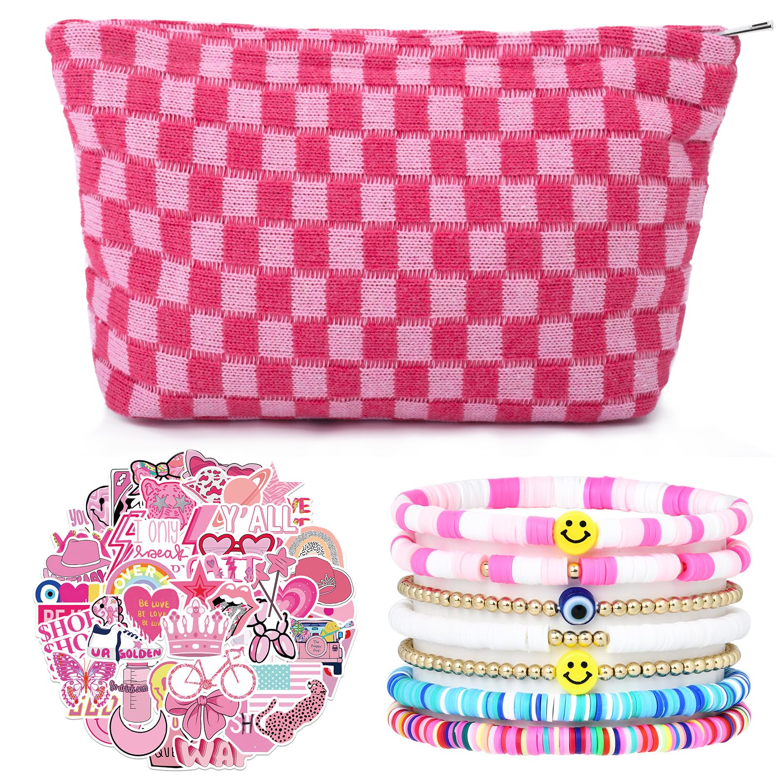 SOIDRAM 58 Pcs Checkered Makeup Bag Set Preppy stuff Cosmetic Bag Travel Toiletry Bag 50 Cute Preppy Stickers 7 Heishi Surfer Bracelets Teen Girl Women Gifts Trendy Stuff