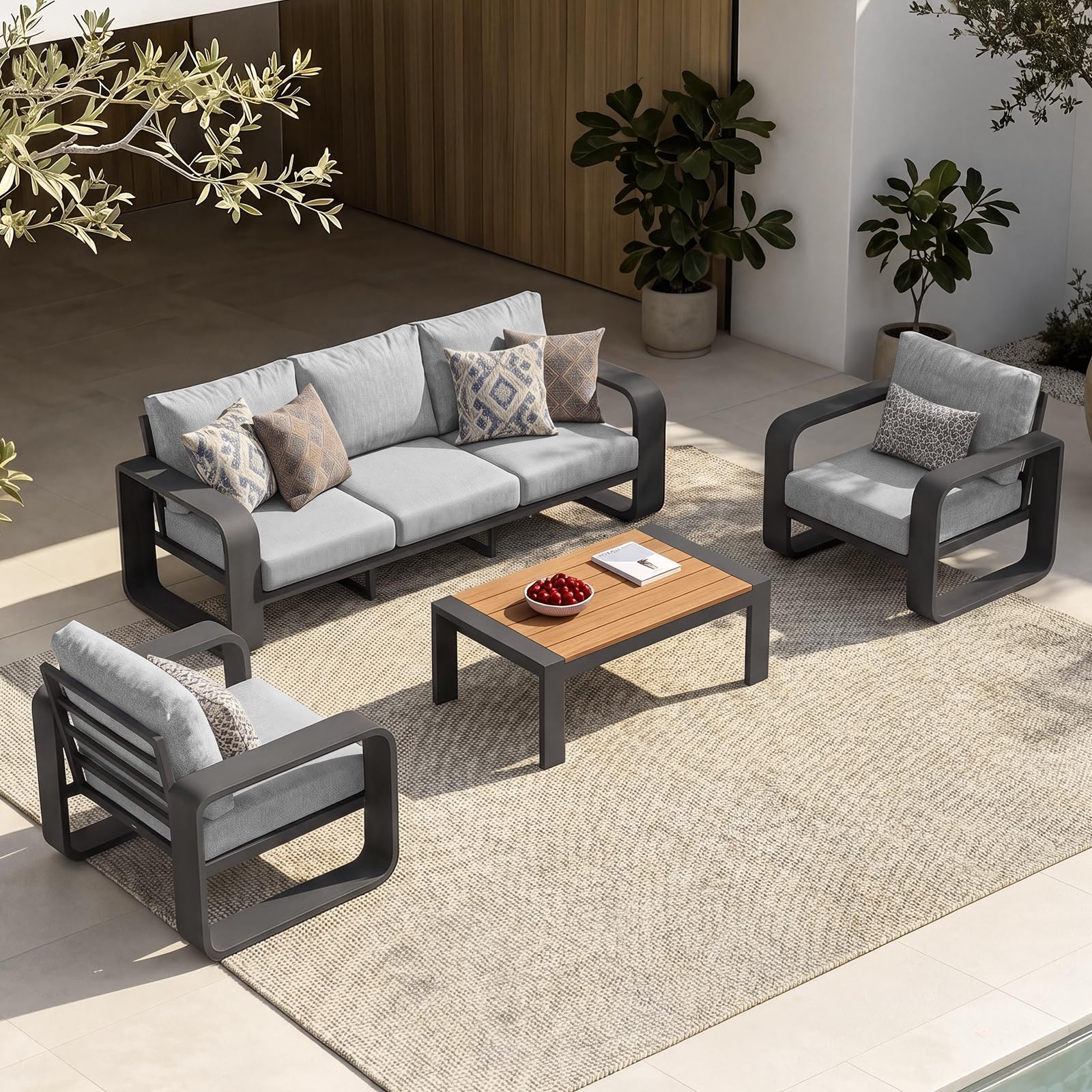Oasbira Oversized 4 Piece Aluminum Patio Sectional in Grey