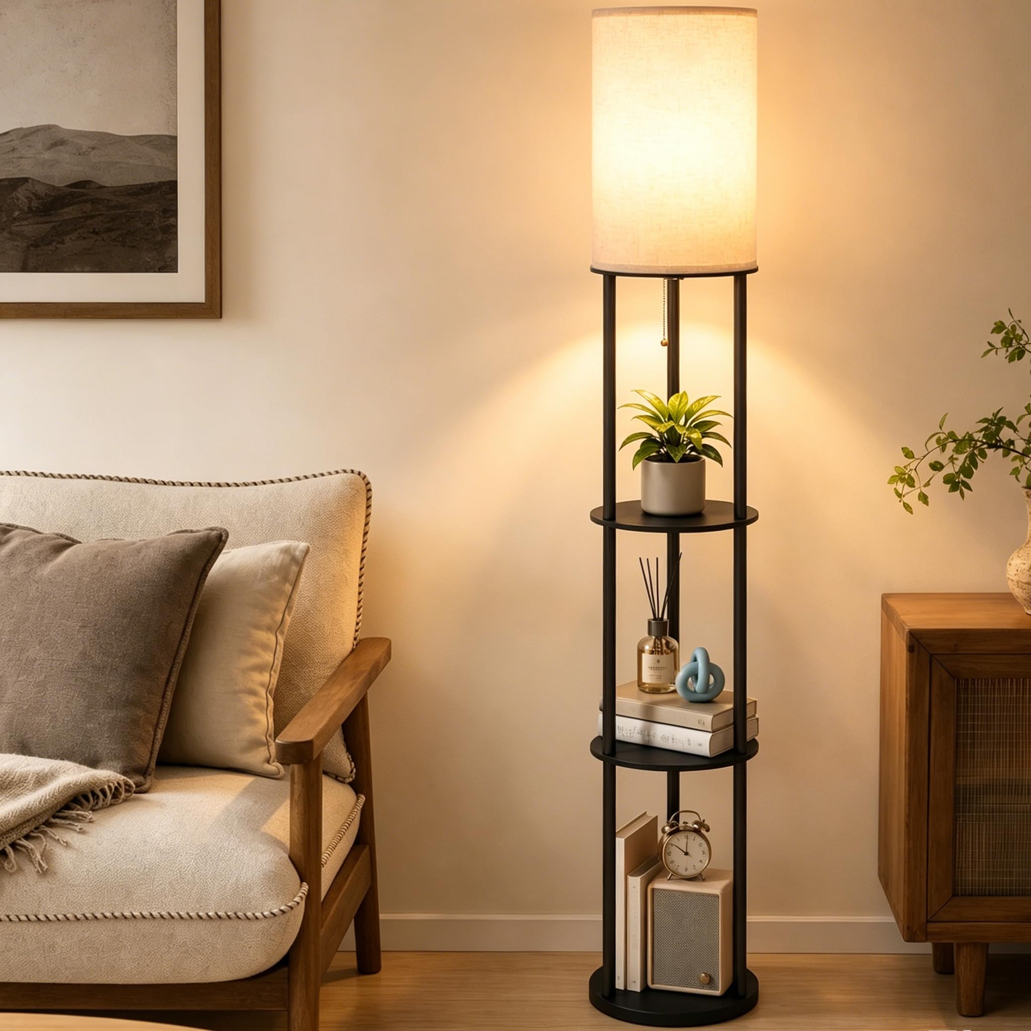 ARTETHYS Floor Lamp, Floor Lamps with Shelves, Round Standing Tall Lamps for Living Room, 3-Tier Storage Shelf Standard Lamp with Metal Frame for Bedroom, Bulb Not Included, Black