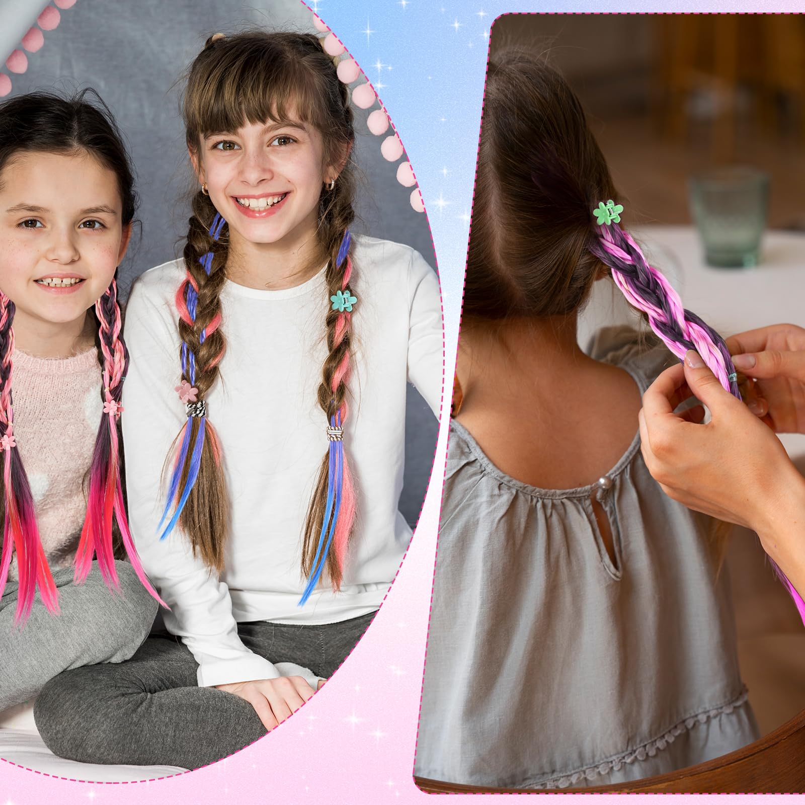 16 kolorowych pasemek do włosów dla dzieci, kolorowe, plecione włosy z elastyczną tasiemką, 10 mini klipsów, gradienty, dla dziewcząt, na imprezę, festiwal, dekoracja włosów (45 cm)
