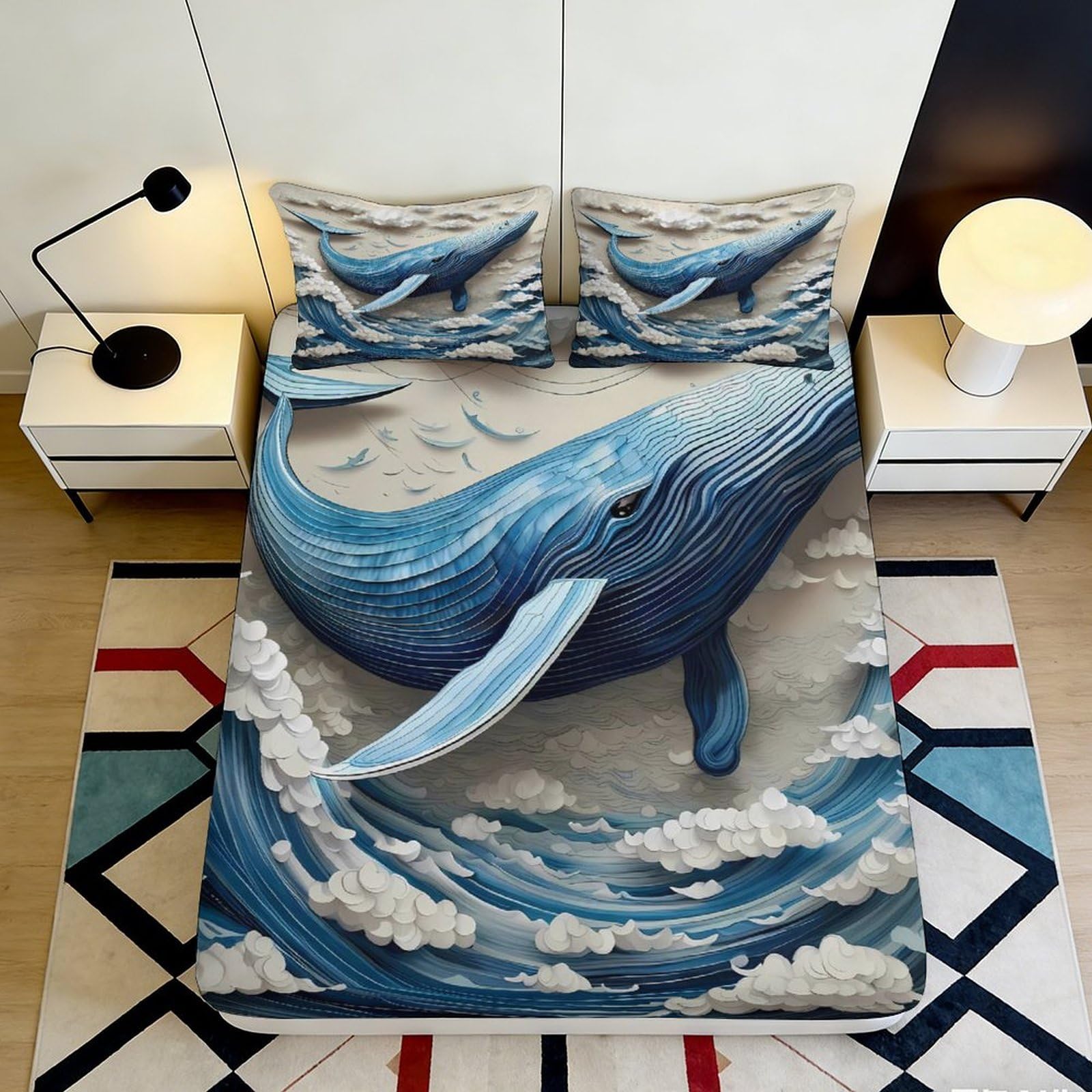 3D Printed Blue Whale Ocean Fitted Sheet Microfiber Bedroom Decor Wave Pattern Mattress Cover for Home Guest Room 90x200x25cm