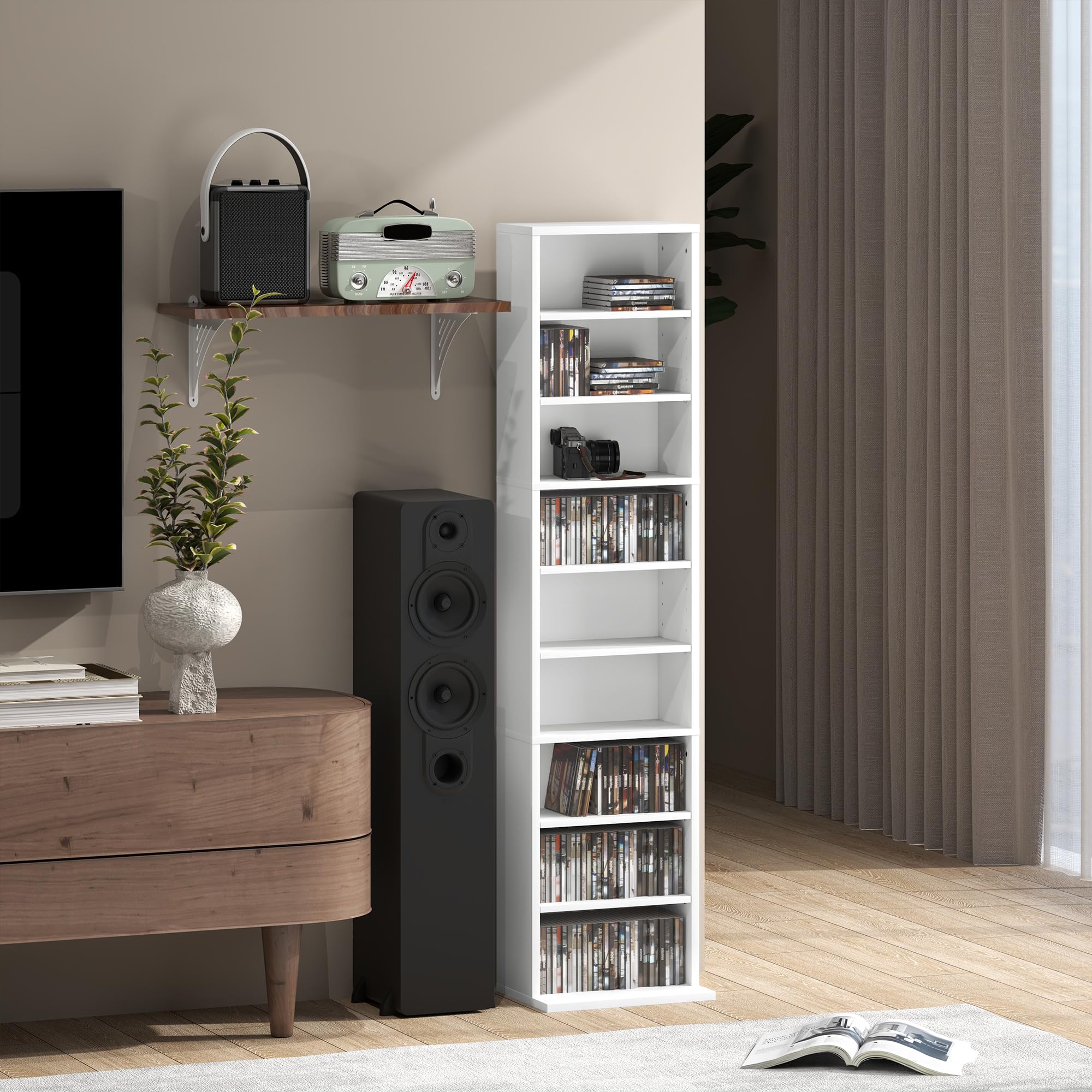 HOMCOM Mobile Porta CD con 6 Ripiani Regolabili, Scaffale Porta 260CD/120DVD Salvaspazio in Legno, Mobile Portacd con 9 Scomparti, per Soggiorno, Camera da Letto, Ufficio, 33x24x140 cm, Bianco