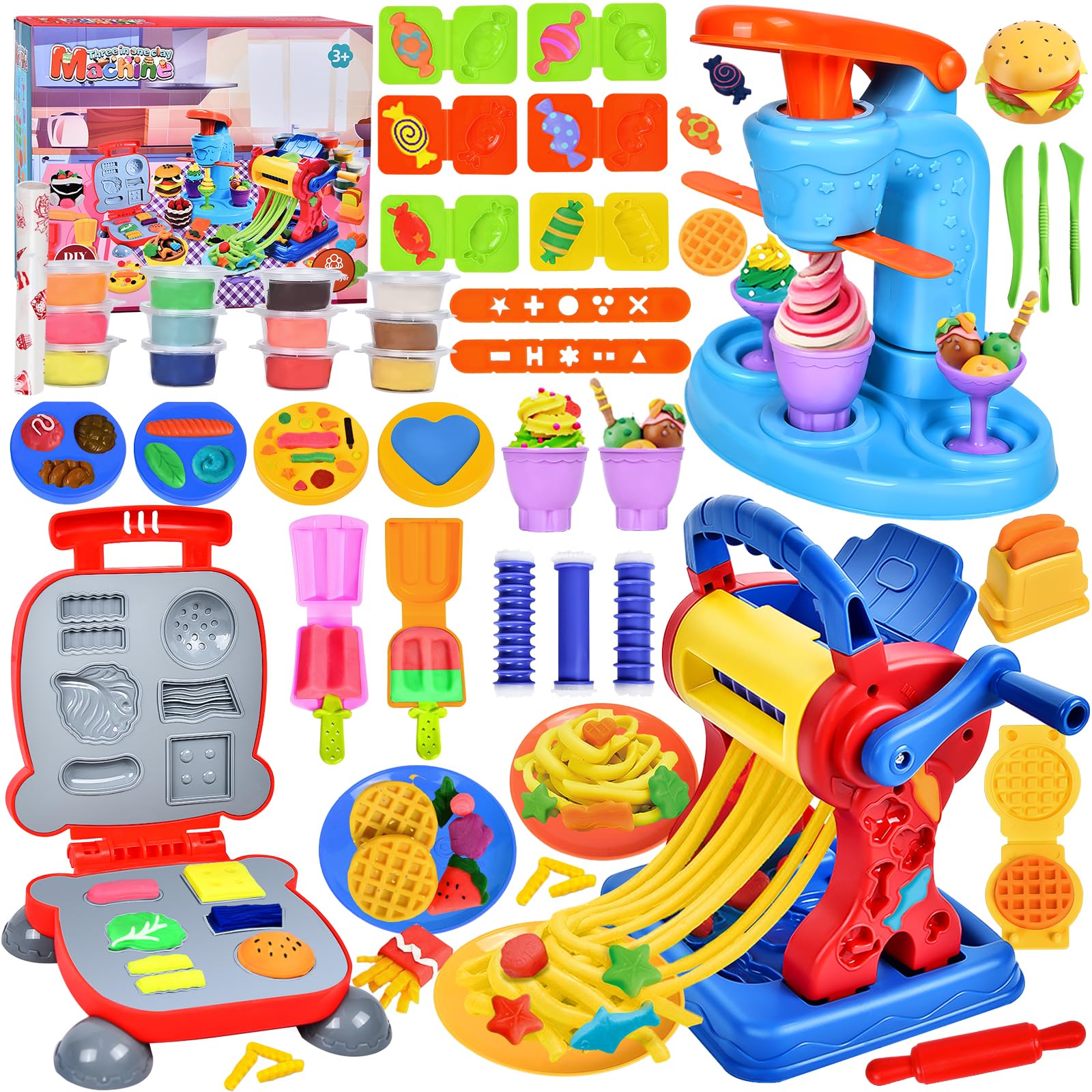Herenear Juego de Plastilina, 46 Moldes Plastilina con 12 Cajas Arcilla, Herramientas Plastilina para Crear Hamburguesa Pasta y Helados, Kit Accesorios Plastilina Regalo para Niños