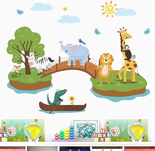 Miniatura 4 de Calcomanías 3D extraíbles de animales gigantes de la selva león, elefante, pájaro, zorro en el puente, calcomanías de pared de árbol, decoración