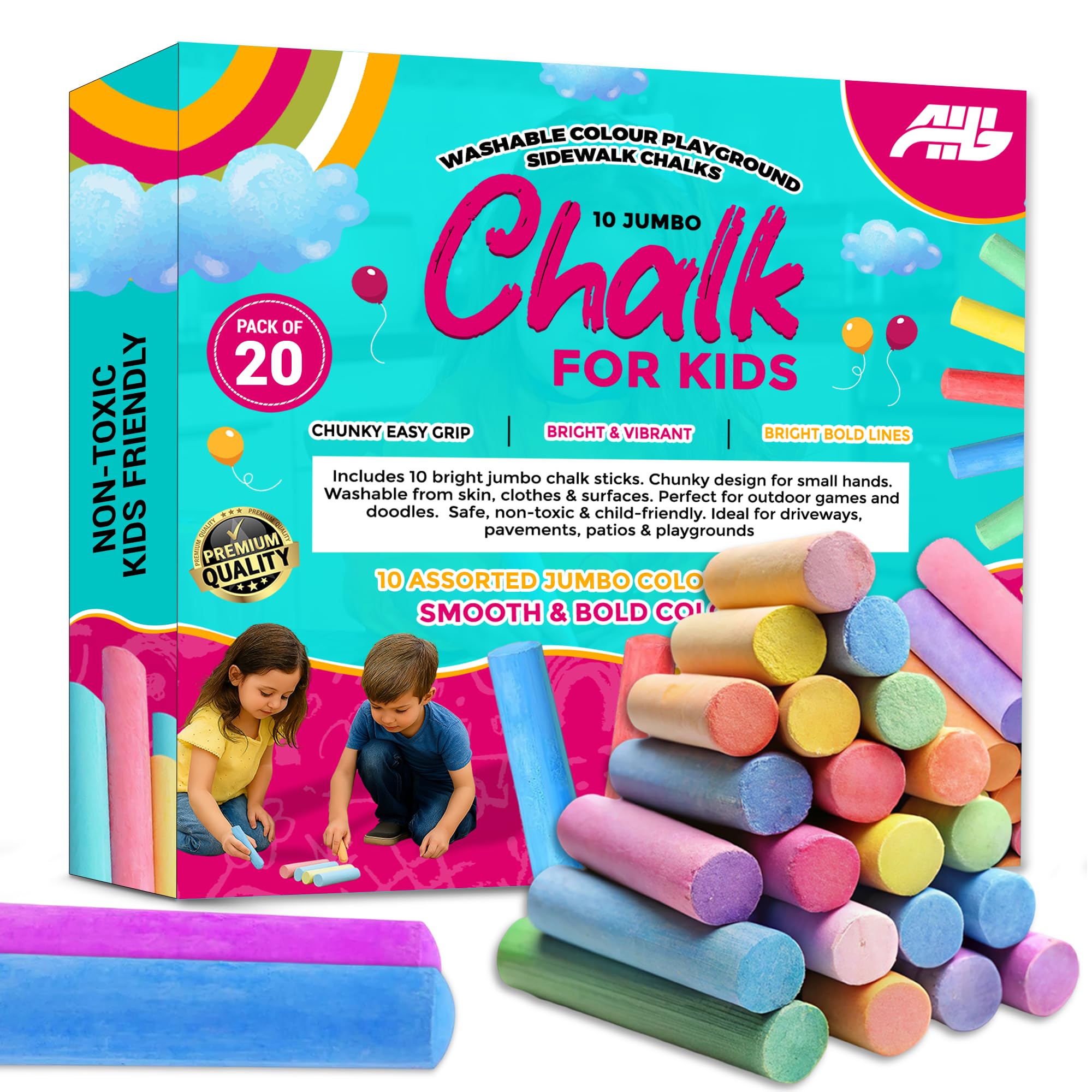 AHG 20 Jumbo Chalks for Kids – Giant Chunky Pavement Chalk – Washable Colourful Sidewalk Chalks – Outdoor Garden & Driveway Toys for Children Aged 3+